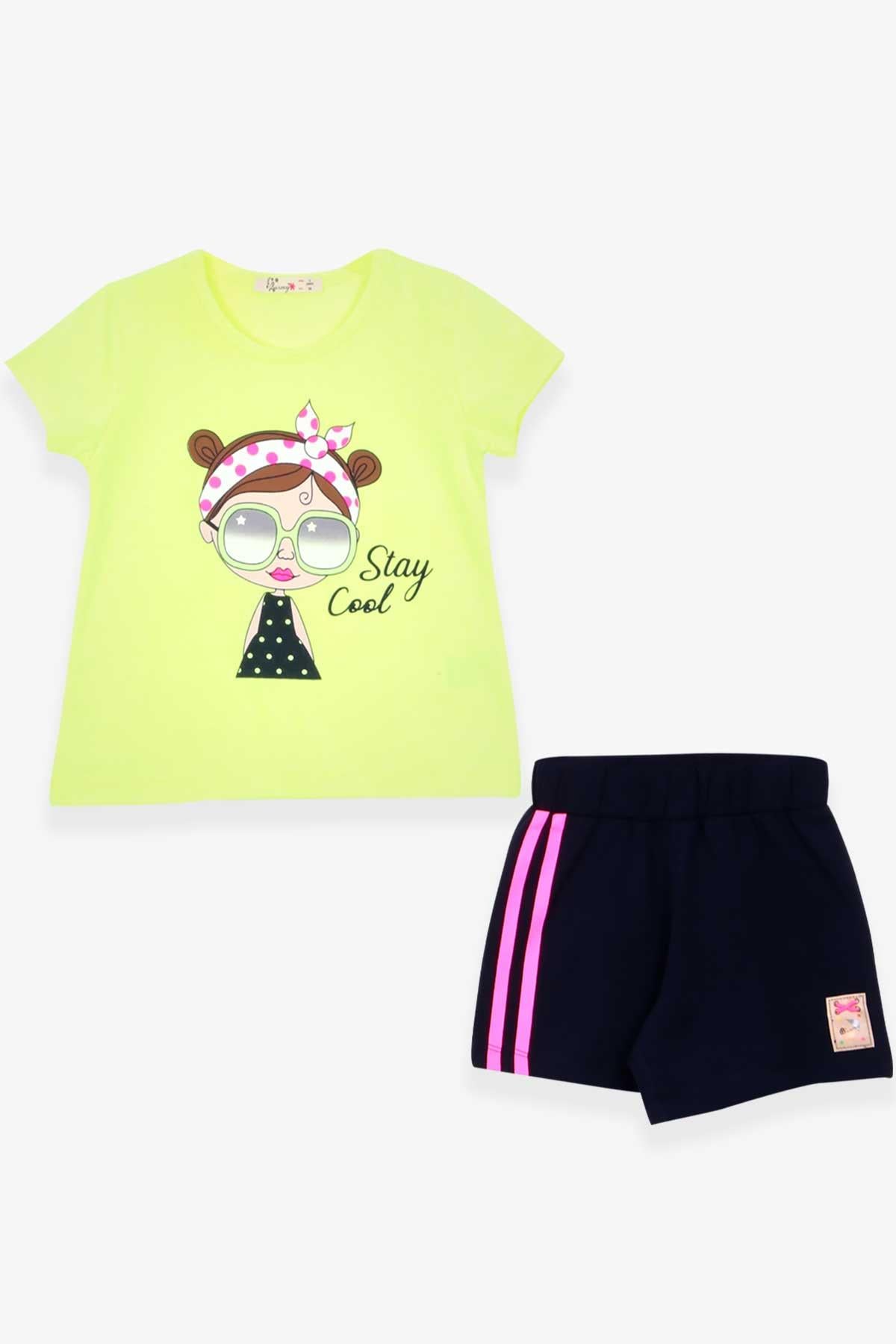 BARMY Kız Çocuk Şortlu Takım Kız Baskılı Neon Yeşil (3-7 Yaş)