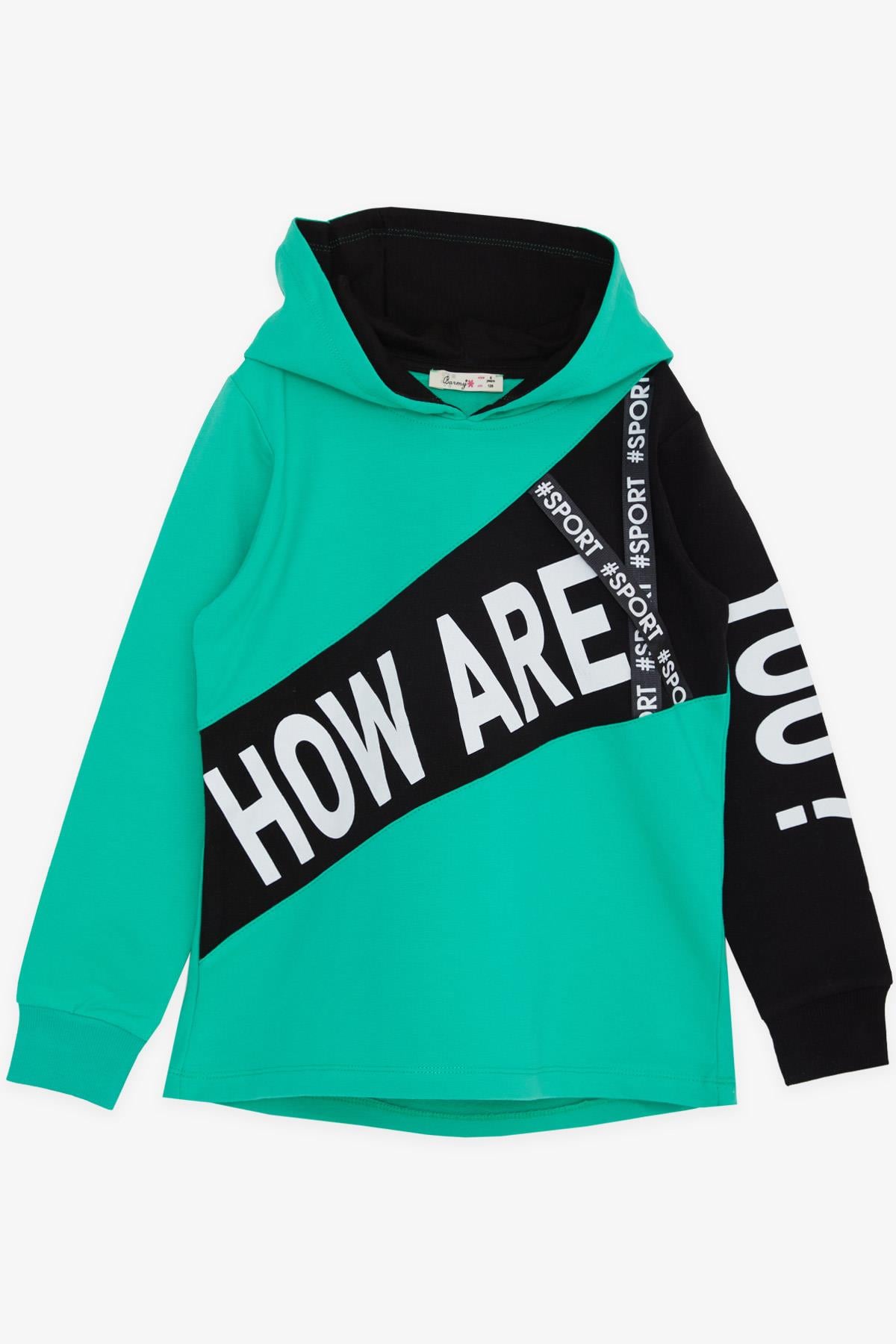 BARMY Kız Çocuk Sweatshirt Kapüşonlu Aksesuarlı Yazı Baskılı Yeşil (8-12 Yaş)