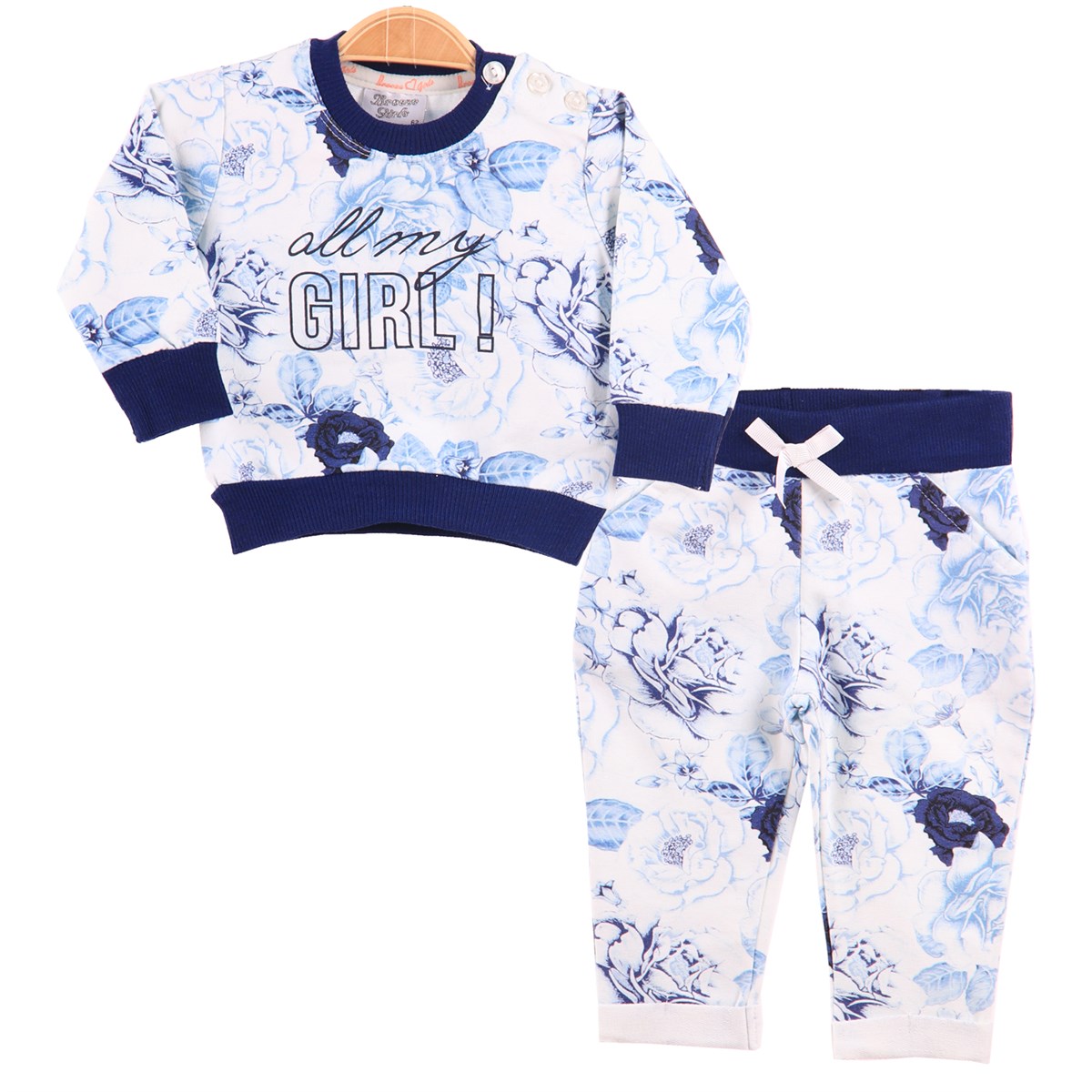 Kız Bebek Eşofman Takımı Baskılı Ekru-Mavi (4 Ay-1.5 Yaş)