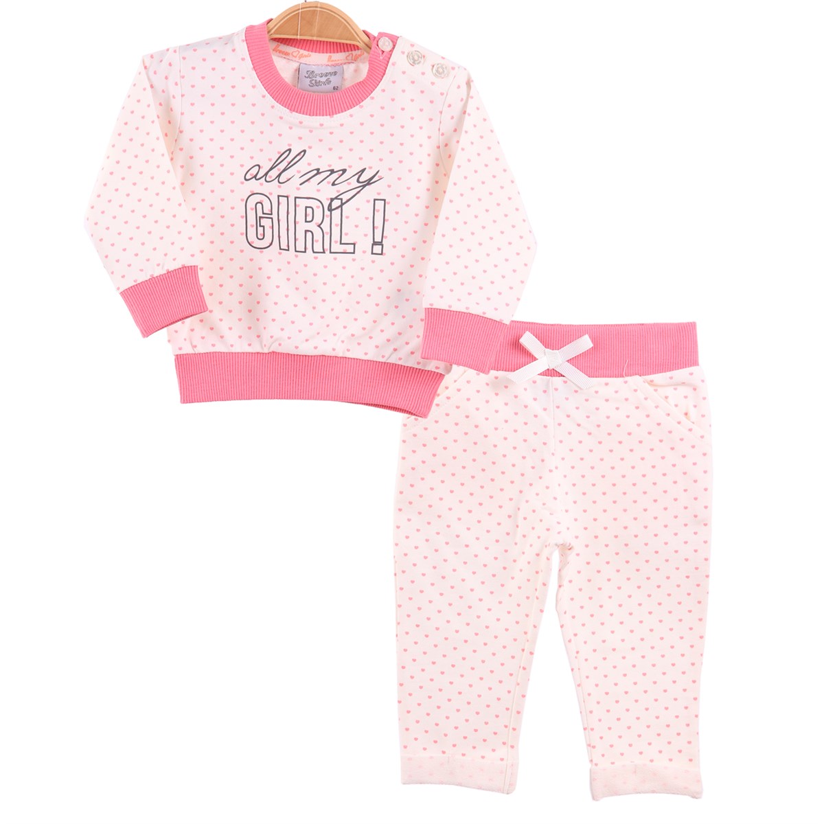 Kız Bebek Eşofman Takımı Baskılı Ekru-Fuşya (4 Ay-1.5 Yaş)