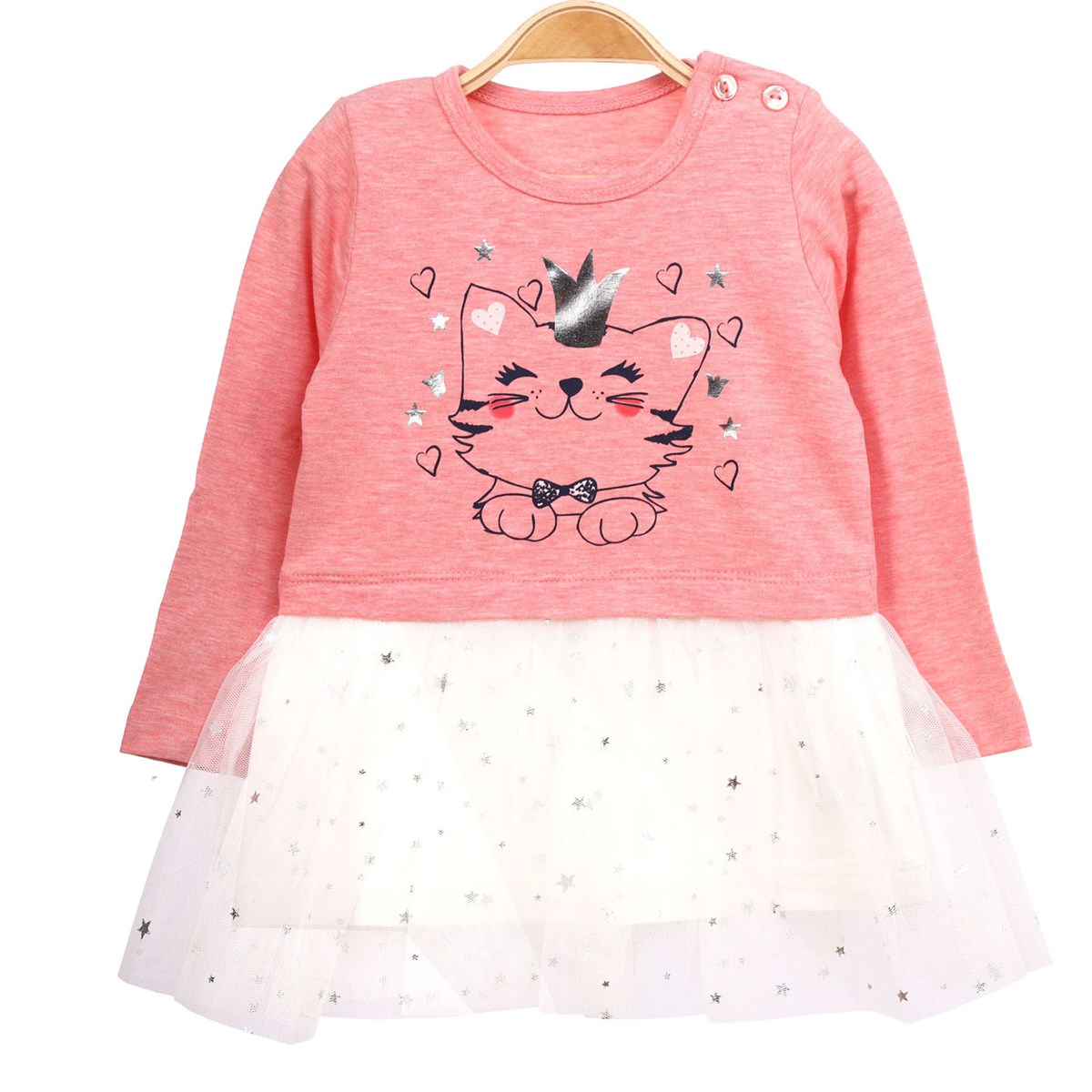 Kız Bebek Elbise Kedi Baskılı Tüllü Somon-Ekru (1.5-2 Yaş)