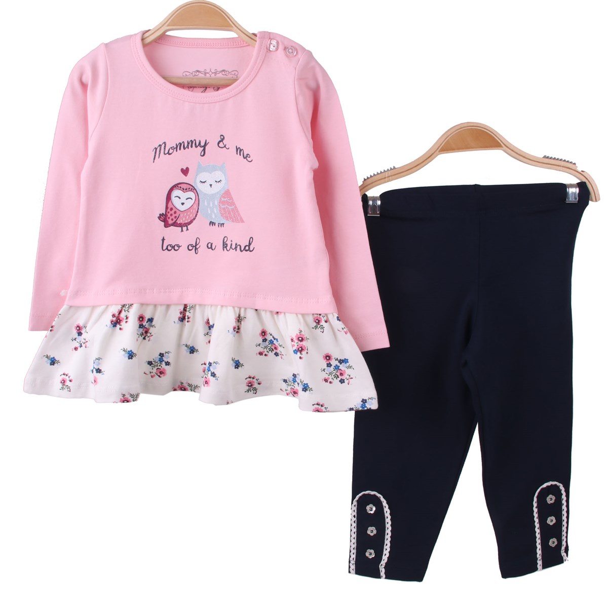Kız Bebek Tayt Takım Baykuşlu Pembe-Gri (6 Ay-2 Yaş)