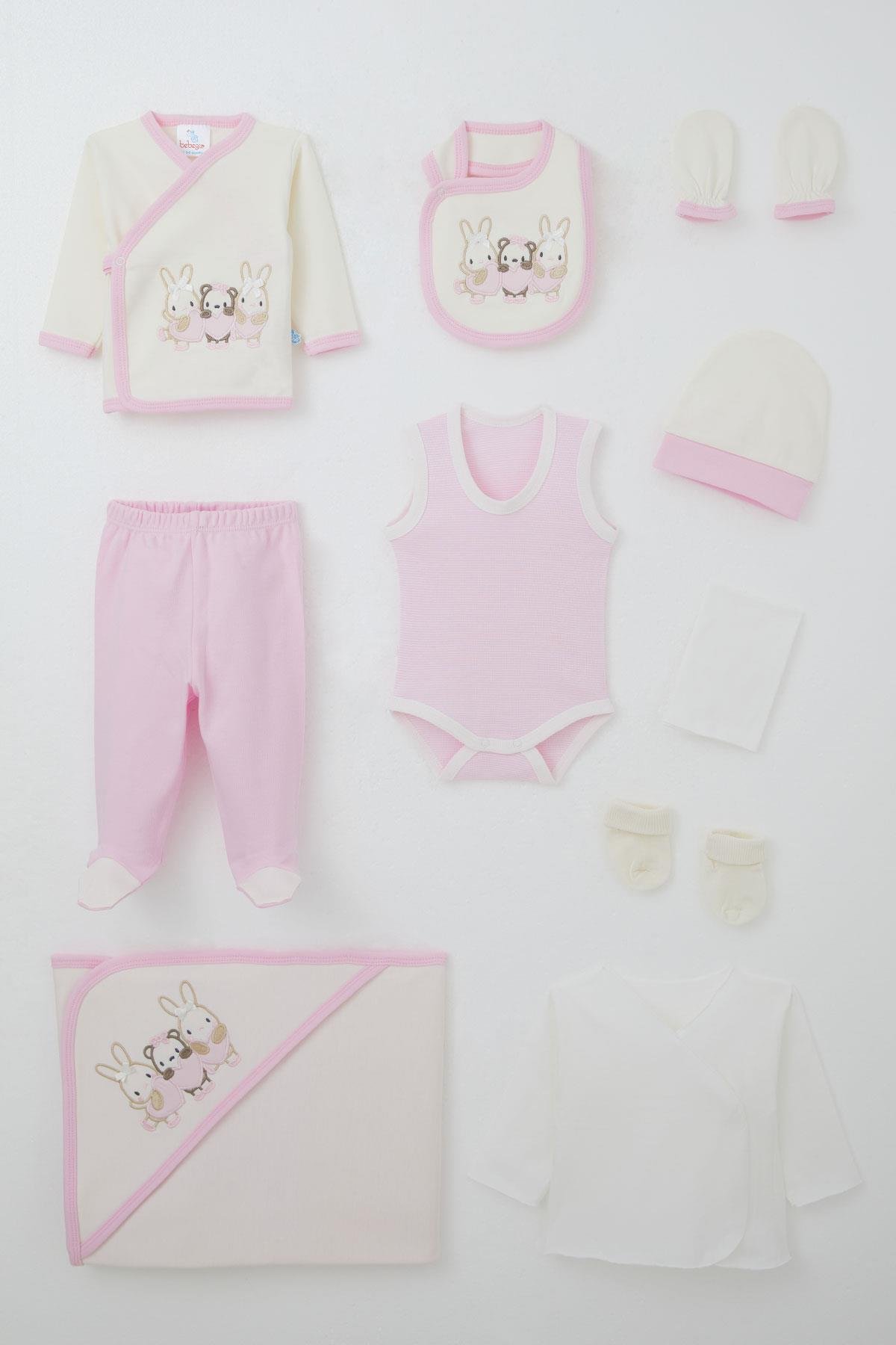 Bebeğiz Kız Bebek Hastane Çıkışı 10 lu Sevimli Hayvancık Nakışlı Fiyonklu Ekru (0-3 Ay)