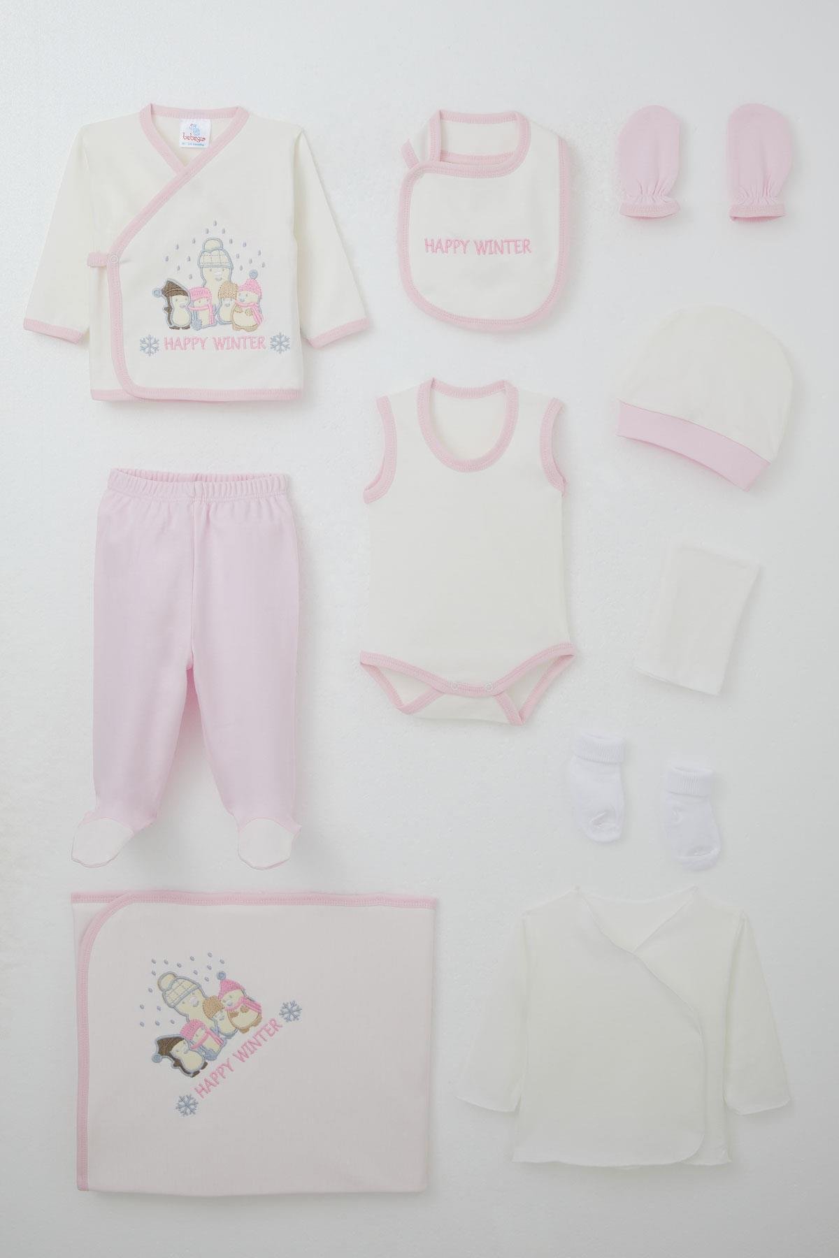Bebeğiz Kız Bebek Hastane Çıkışı 10 lu Kış Temalı Kardan Adam Ailesi Nakışlı Ekru (0-3 Ay)
