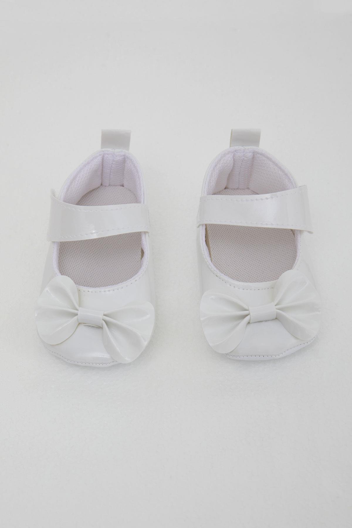 Bebiccino Kız Bebek Rugan Babet Ayakkabı Fiyonklu Cırtlı Beyaz (18 Numara-19 Numara)