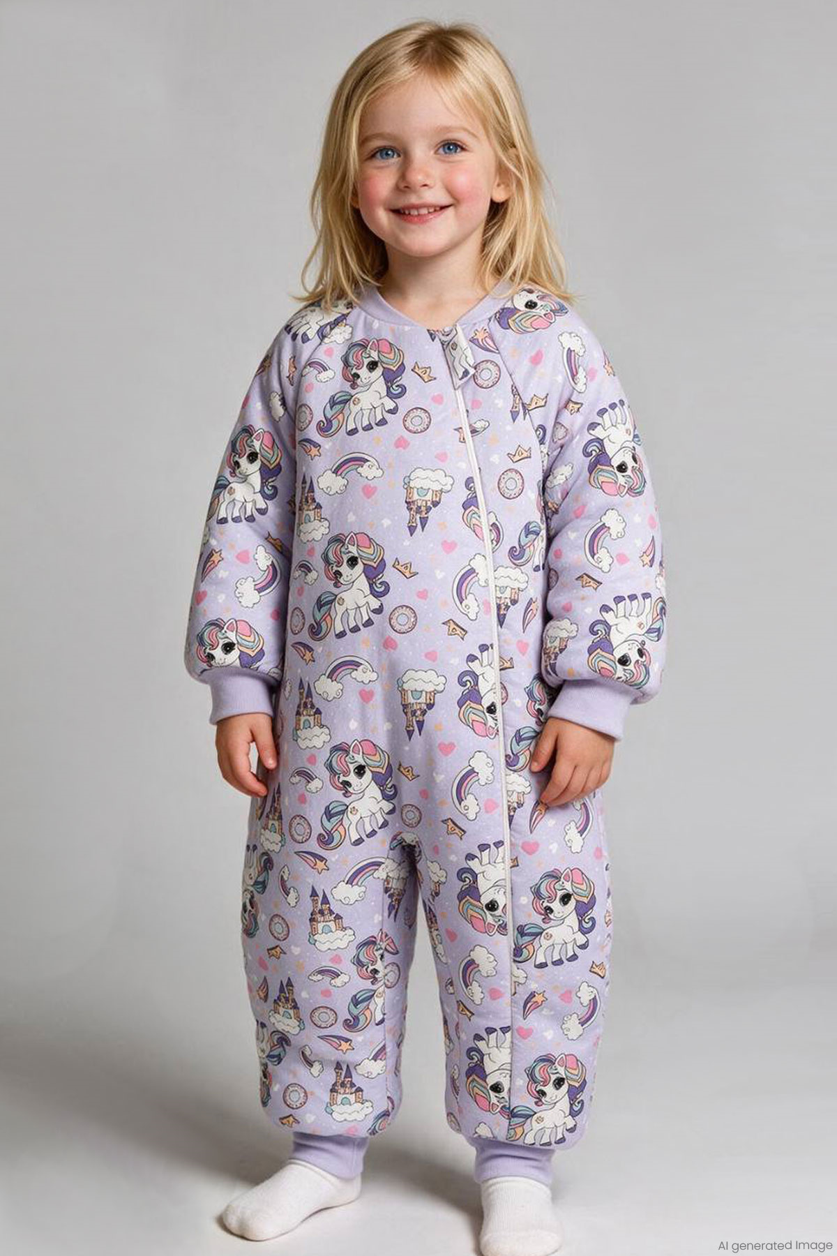 Kız Çocuk Uyku Tulumu Sevimli Unicorn & Şato Desenli Lila (2-8 Yaş)