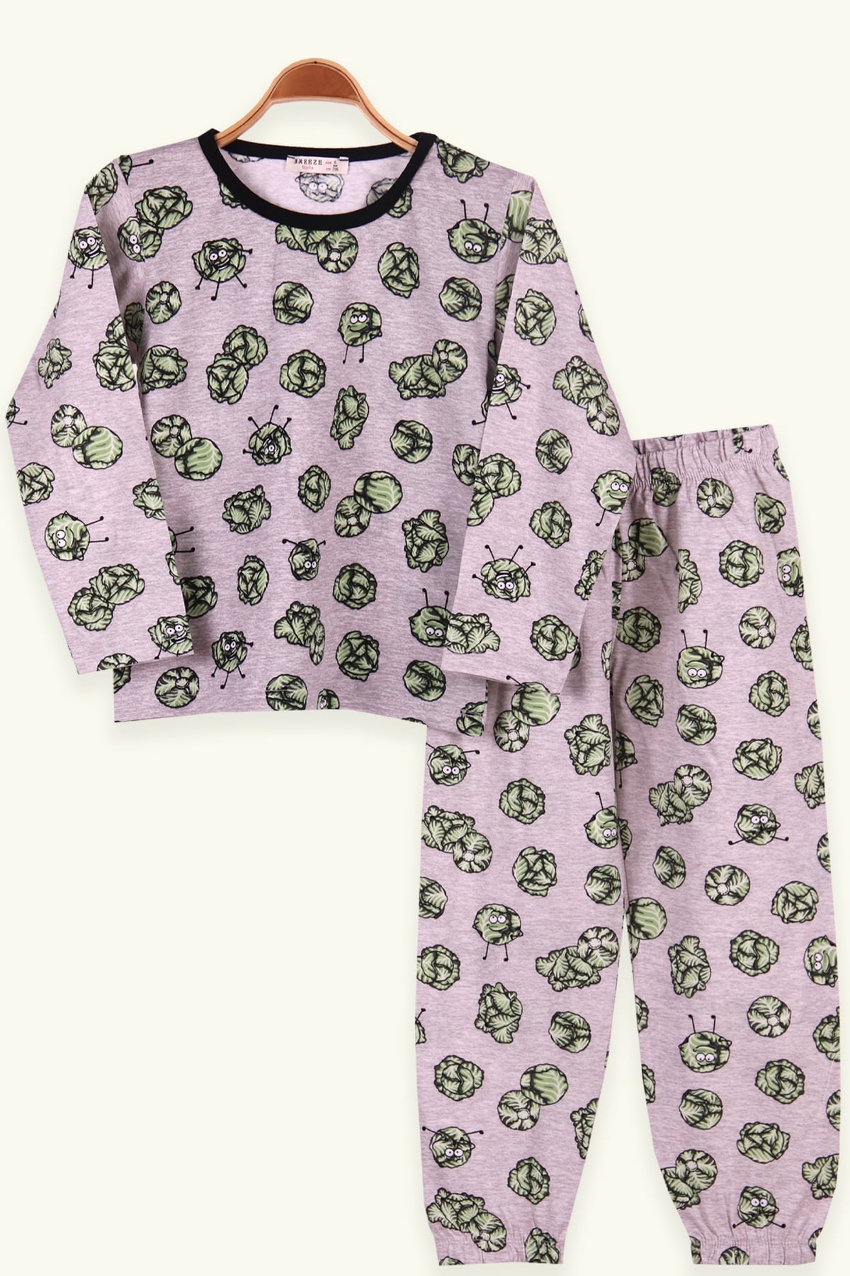 Breeze Çocuk Pijama Takımı Brüksel Lahanası Desenli Açık Gri (6-10 Yaş)