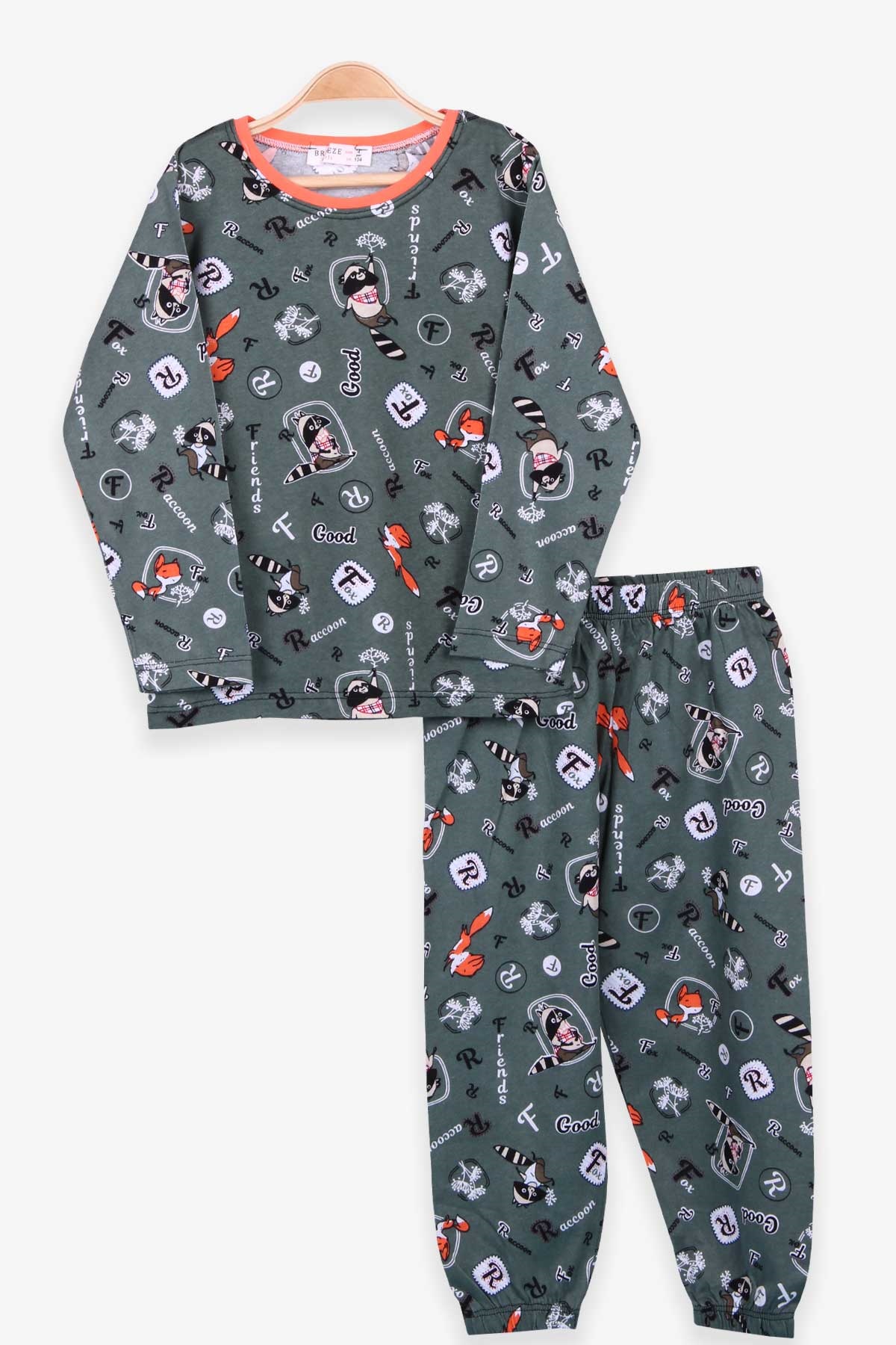 Breeze Çocuk Pijama Takımı Rakun Desenli Yeşil (4-8 Yaş)