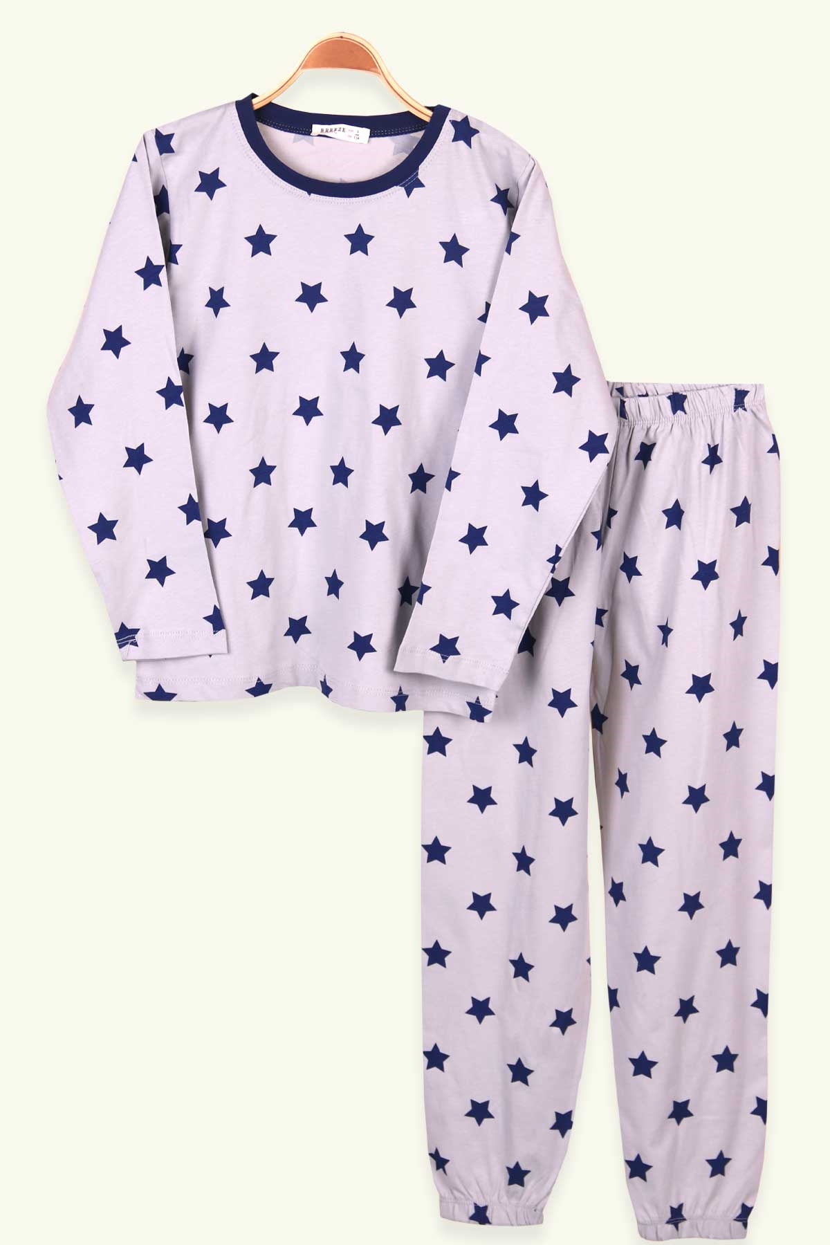 Çocuk Pijama Takımı Yıldız Desenli Gri 9-11 Yaş - Eğlenceli | Breeze