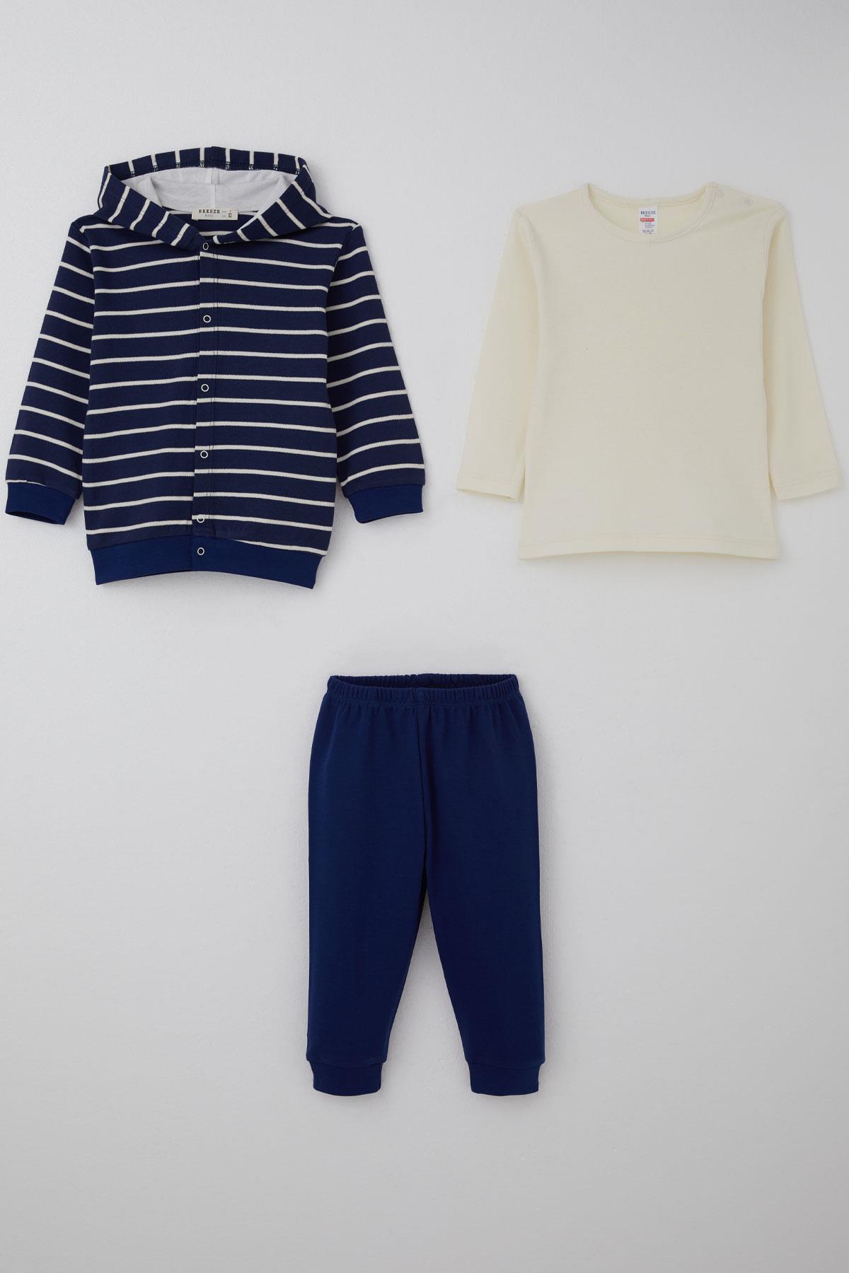 Breeze Erkek Bebek Bodyli 3 lü Takım Çizgili Çıtçıtlı Lacivert (4 Ay-1 Yaş)
