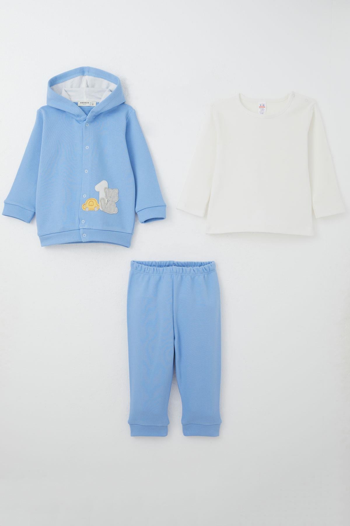 Breeze Erkek Bebek Bodyli 3 lü Takım Patinin Araba Macerası Mavi (4 Ay-1 Yaş)