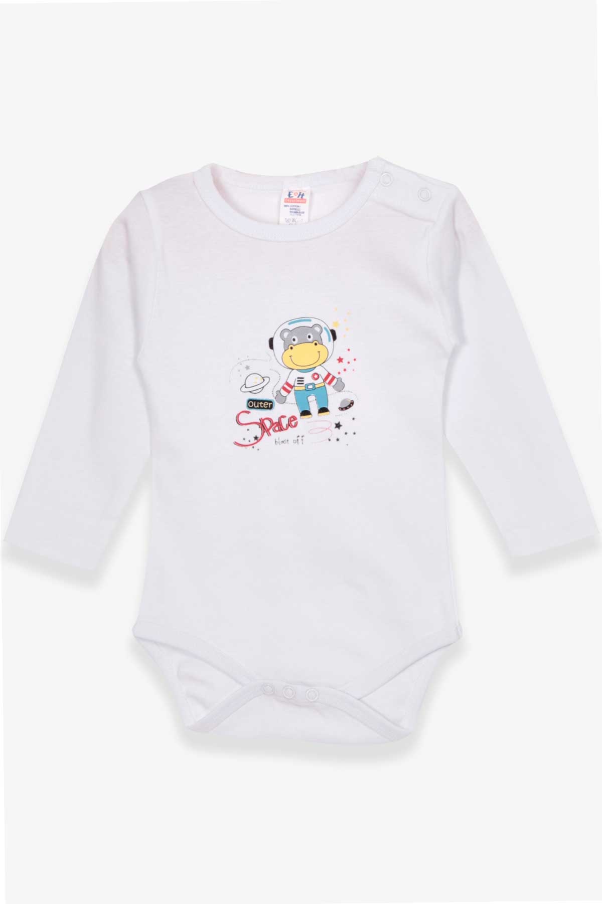 Breeze Erkek Bebek Çıtçıtlı Body Astronot Su Aygırı Baskılı Beyaz (9 Ay-3 Yaş)