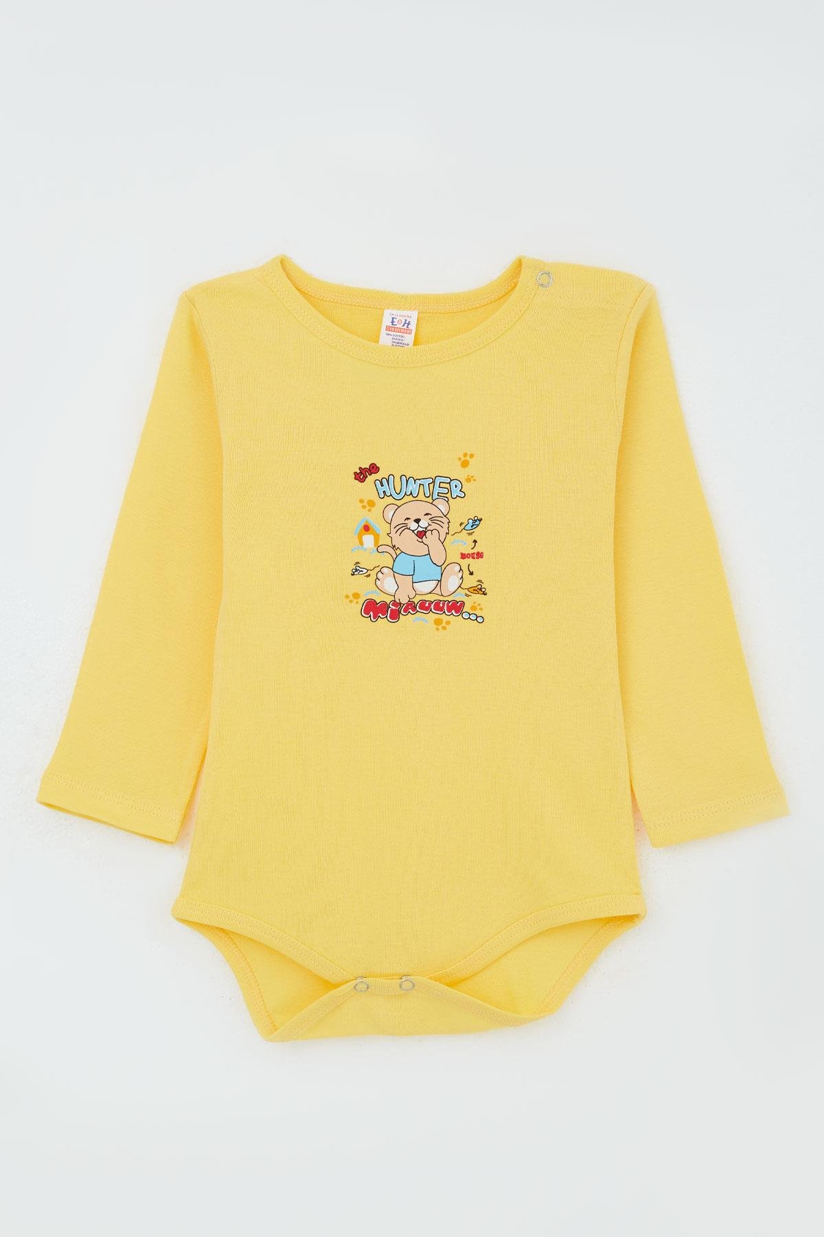 Breeze Erkek Bebek Çıtçıtlı Body Avcı Kedicik Baskılı Sarı (9 Ay-3 Yaş)
