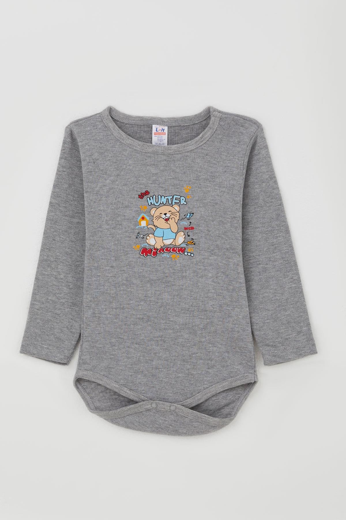 Breeze Erkek Bebek Çıtçıtlı Body Avcı Kedicik Baskılı Gri Melanj (9 Ay-3 Yaş)