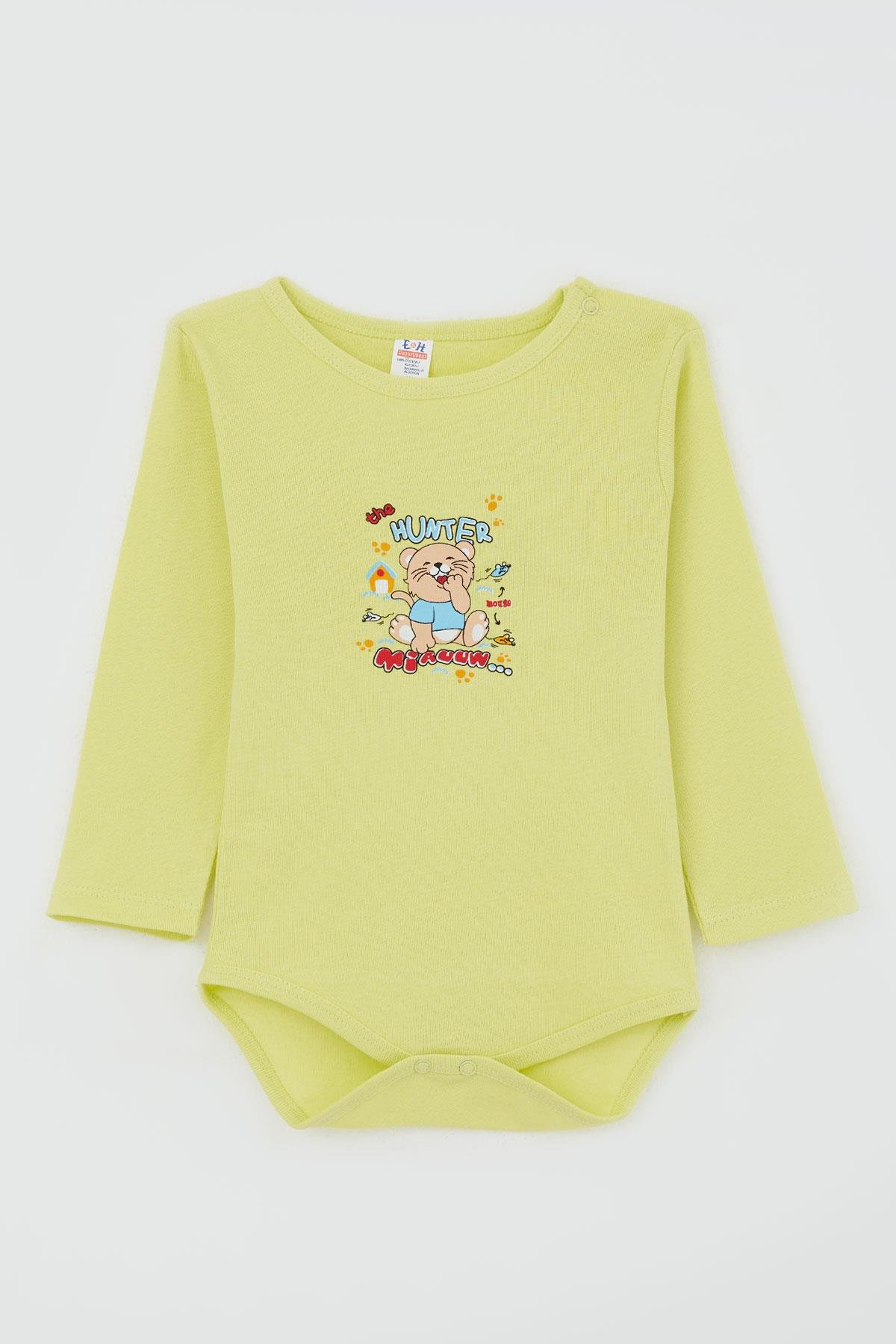 Breeze Erkek Bebek Çıtçıtlı Body Avcı Kedicik Baskılı Fıstık Yeşili (9 Ay-3 Yaş)