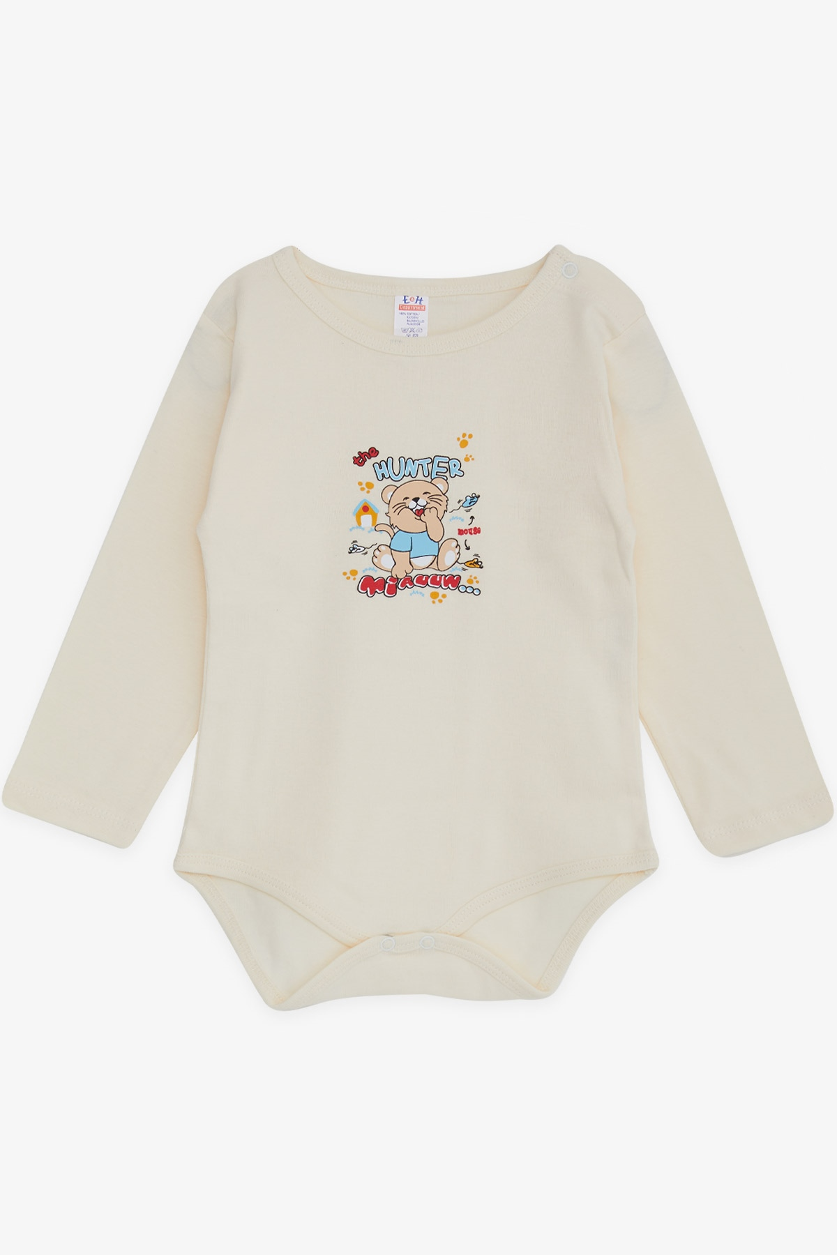 Breeze Erkek Bebek Çıtçıtlı Body Avcı Kedicik Baskılı Krem (9 Ay-3 Yaş)