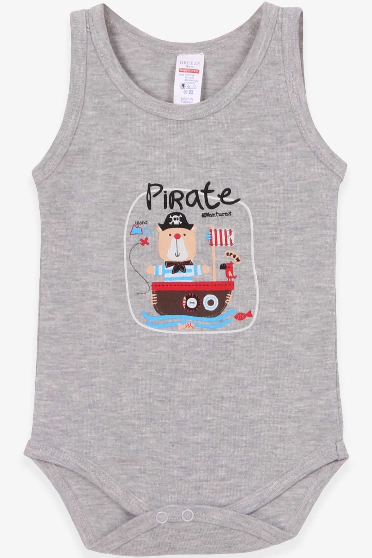Breeze Erkek Bebek Çıtçıtlı Body Kaptan Ayıcık Baskılı Gri Melanj (9 Ay-3 Yaş)