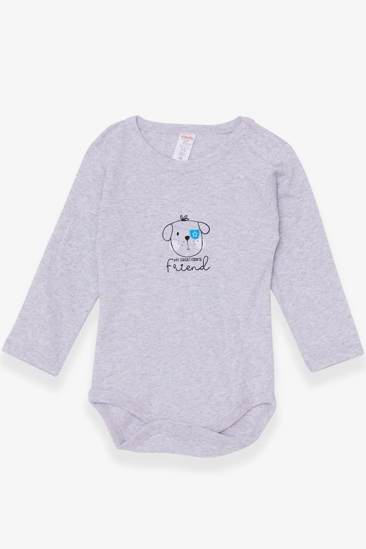 Breeze Erkek Bebek Çıtçıtlı Body Korsan Köpekçik Baskılı Açık Gri Melanj (9 Ay-3 Yaş)