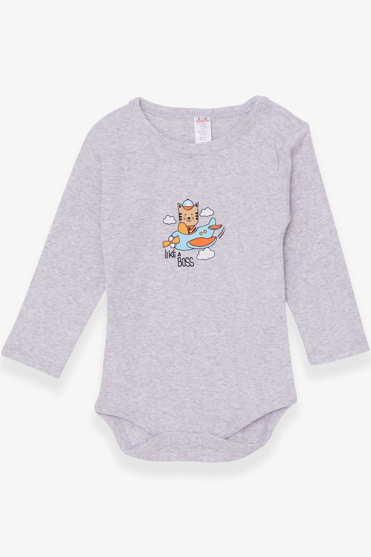 Breeze Erkek Bebek Çıtçıtlı Body Pilot Kedicik Baskılı Açık Gri Melanj (9 Ay-3 Yaş)