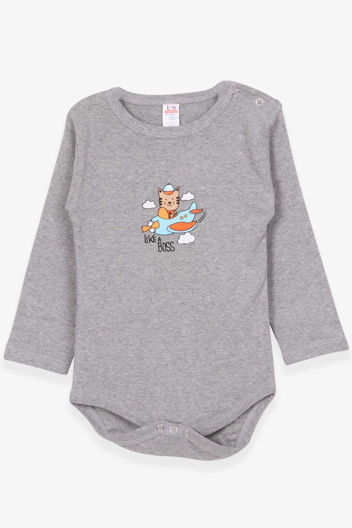 Breeze Erkek Bebek Çıtçıtlı Body Pilot Kedicik Baskılı Koyu Gri Melanj (9 Ay-3 Yaş)