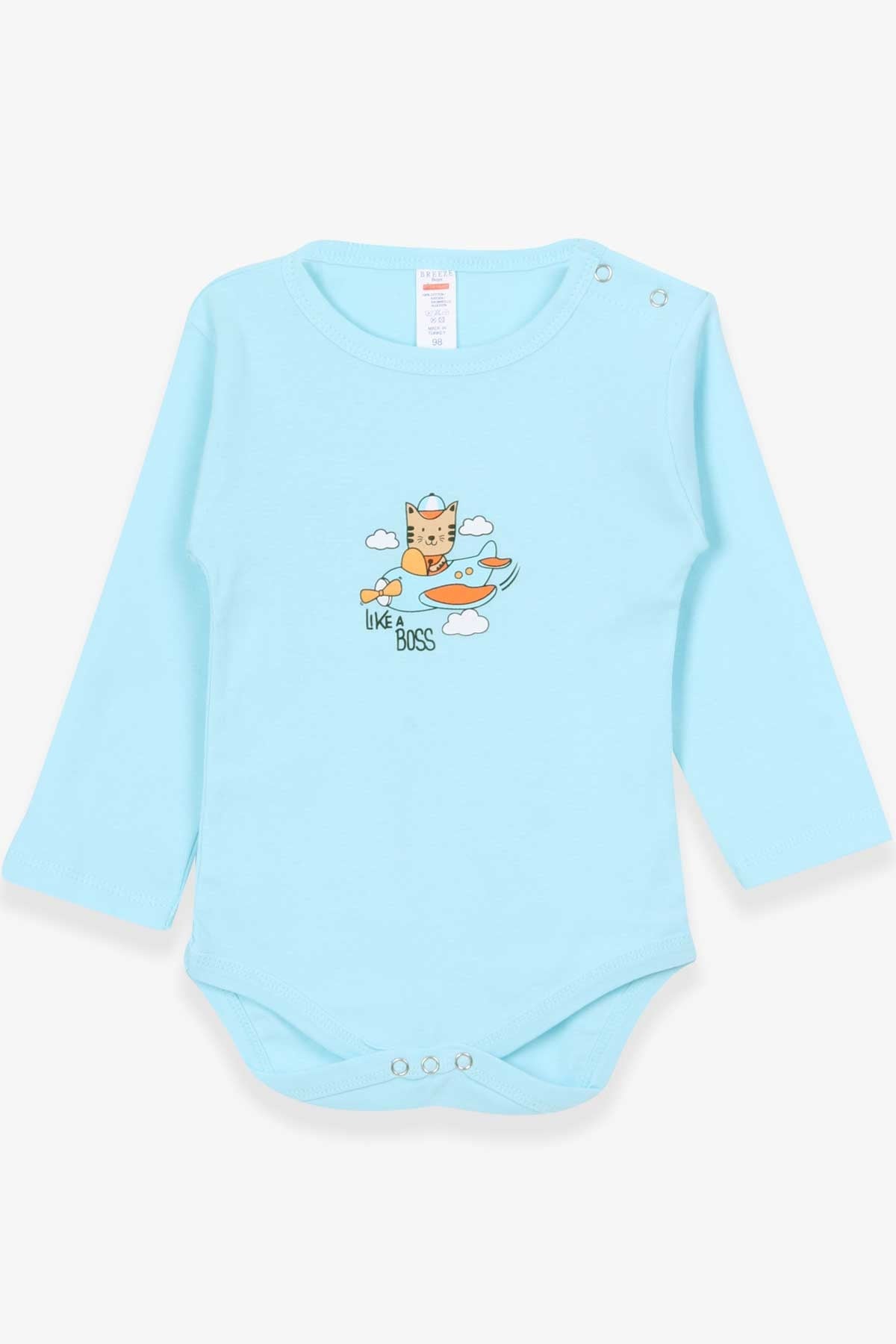 Breeze Erkek Bebek Çıtçıtlı Body Pilot Kedicik Baskılı Bebe Mavisi (9 Ay-3 Yaş)
