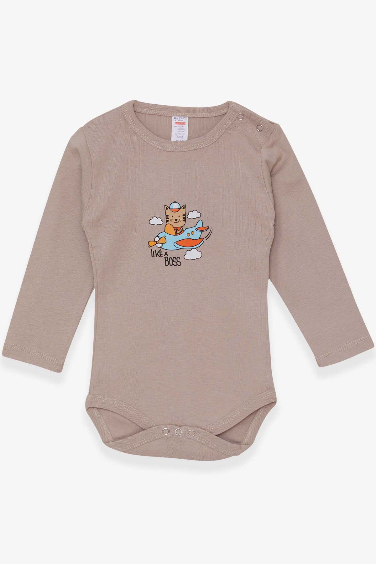 Breeze Erkek Bebek Çıtçıtlı Body Pilot Kedicik Baskılı Vizon (9 Ay-3 Yaş)