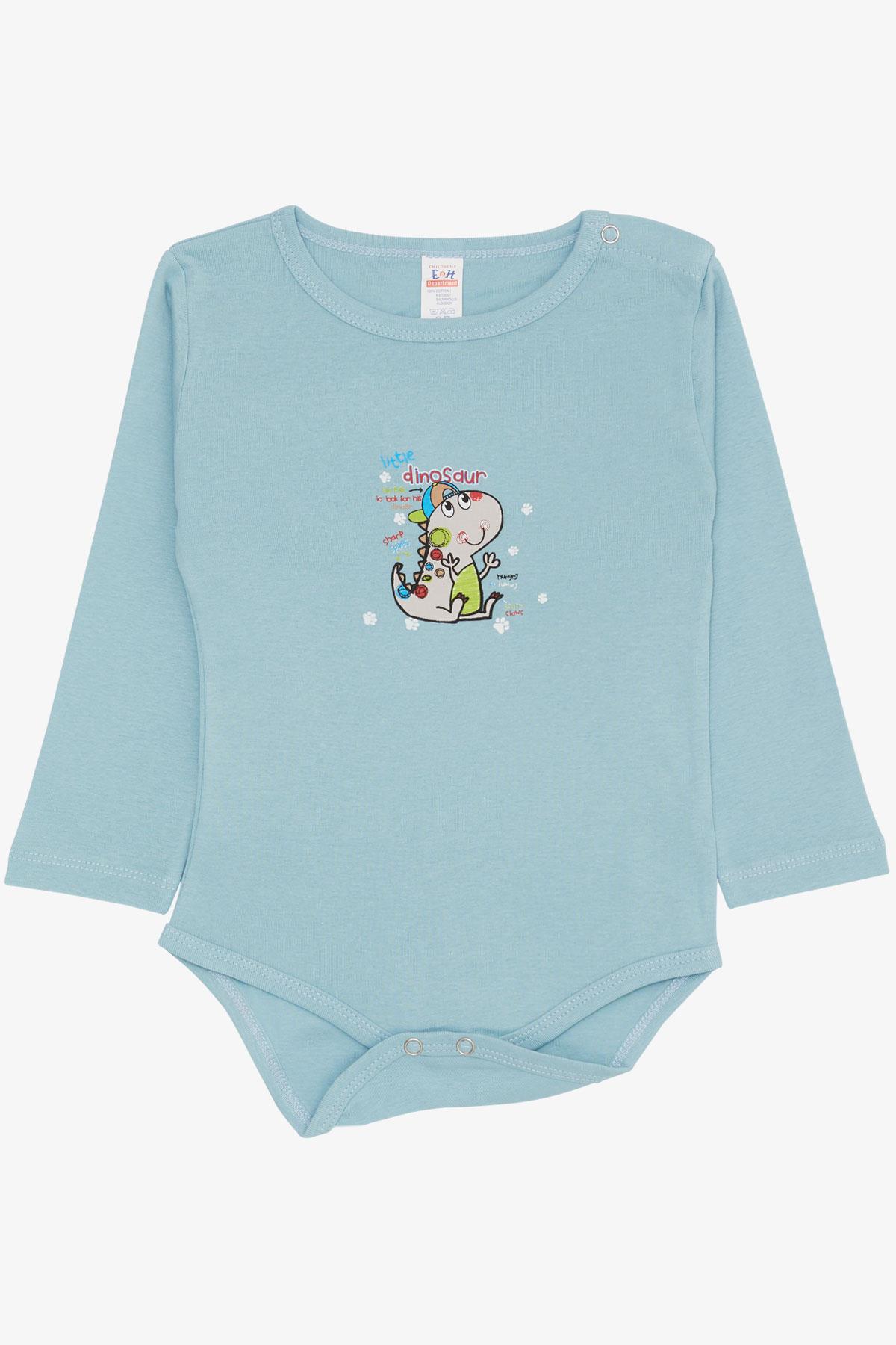 Breeze Erkek Bebek Çıtçıtlı Body Sevimli Dinozor Baskılı Buz Mavisi (9 Ay-3 Yaş)