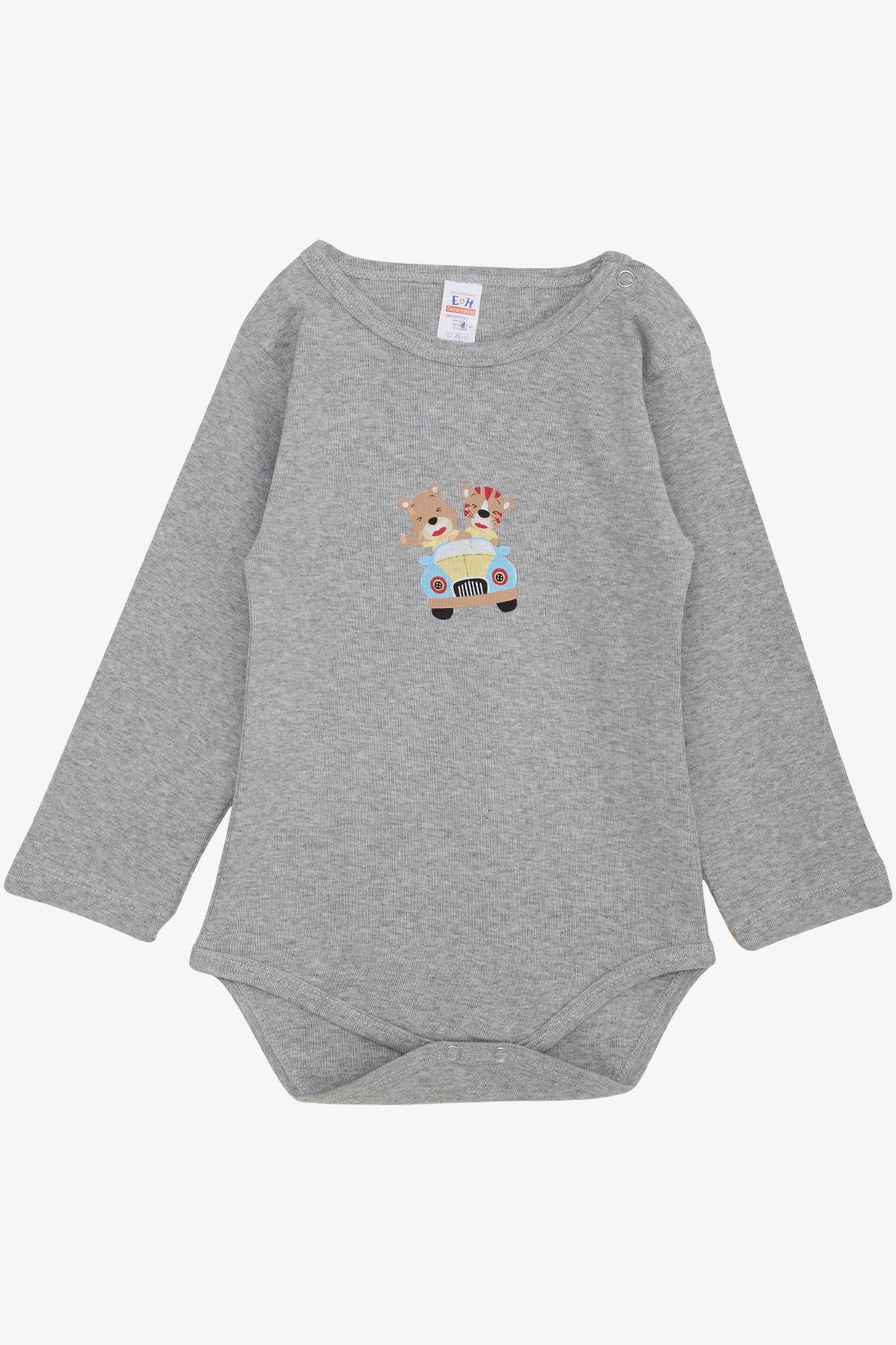 Breeze Erkek Bebek Çıtçıtlı Body Şoför Hayvancık Baskılı Gri Melanj (9 Ay-3 Yaş)