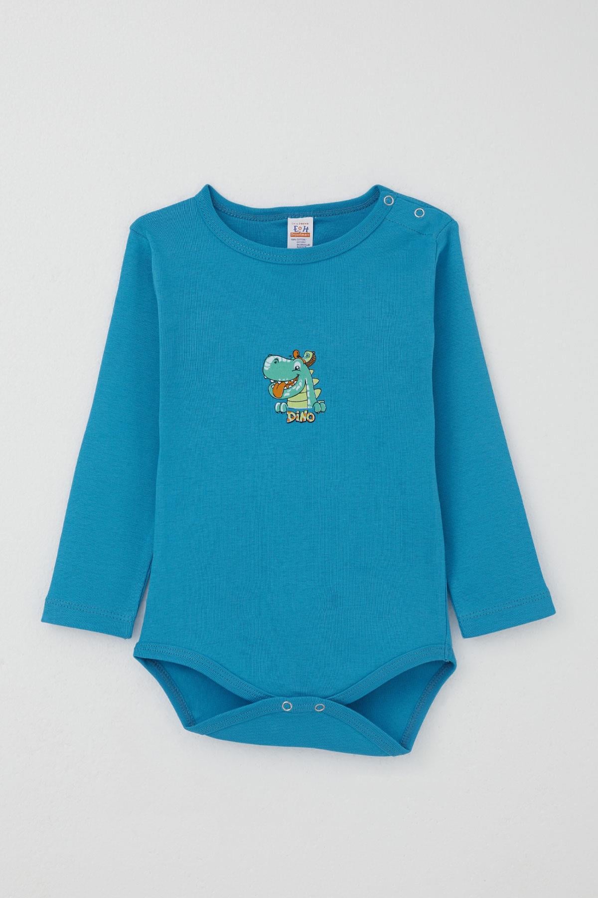 Breeze Erkek Bebek Çıtçıtlı Zıbın Body Mutlu Dinozor Baskılı Mavi (9 Ay-3 Yaş)