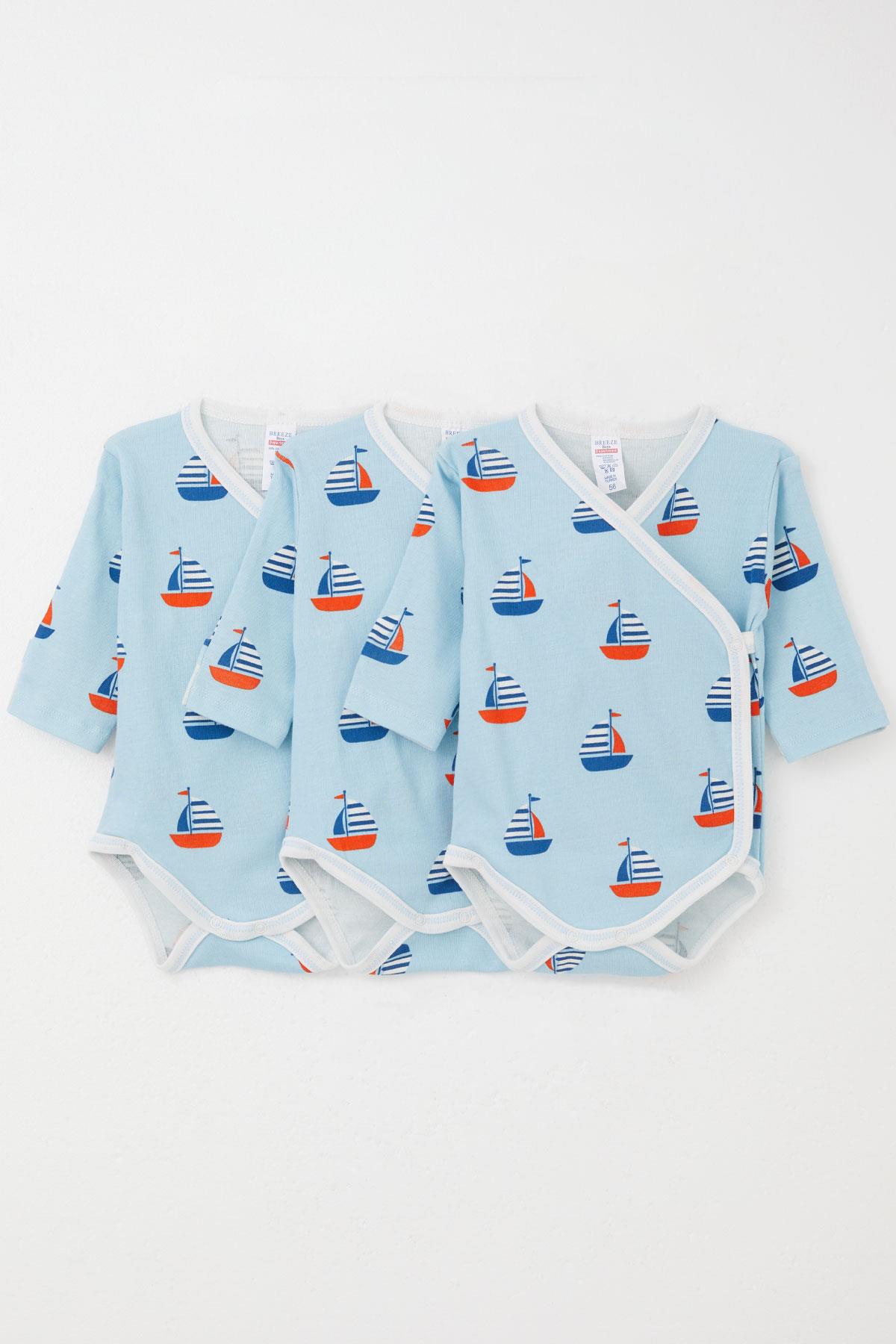 Breeze Erkek Bebek Çıtçıtlı Zıbın Body 3 lü Yelken Desenli Kendinden Eldivenli Açık Mavi (0-3 Ay)