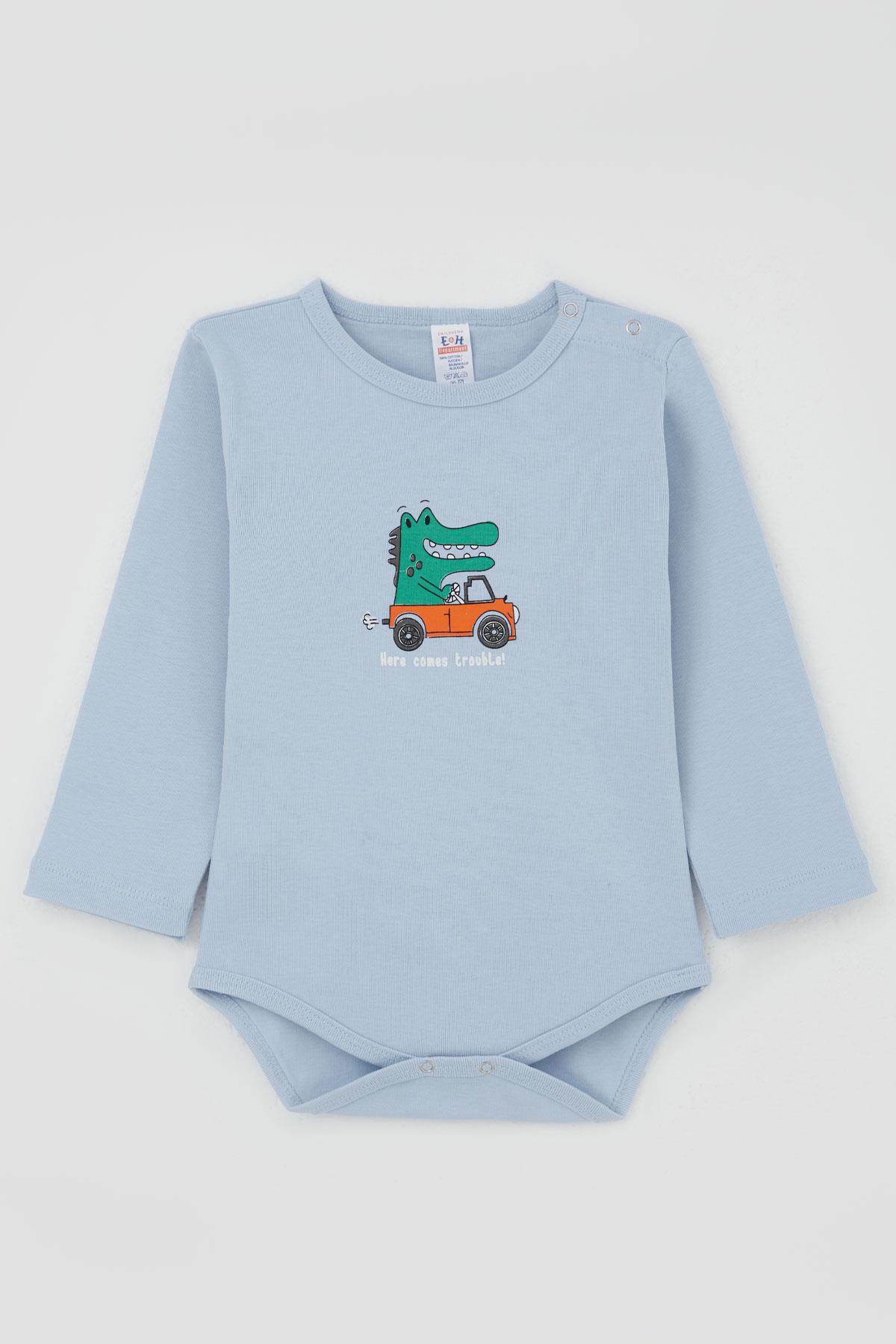 Breeze Erkek Bebek Çıtçıtlı Zıbın Body Şoför Timsahcık Baskılı Açık Mavi (9 Ay-3 Yaş)