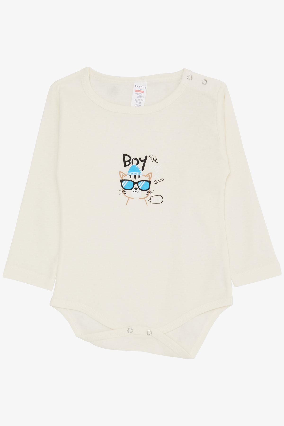 Breeze Erkek Bebek Çıtçıtlı Zıbın Body Gözlüklü Kedicik Baskılı Krem (9 Ay-3 Yaş)