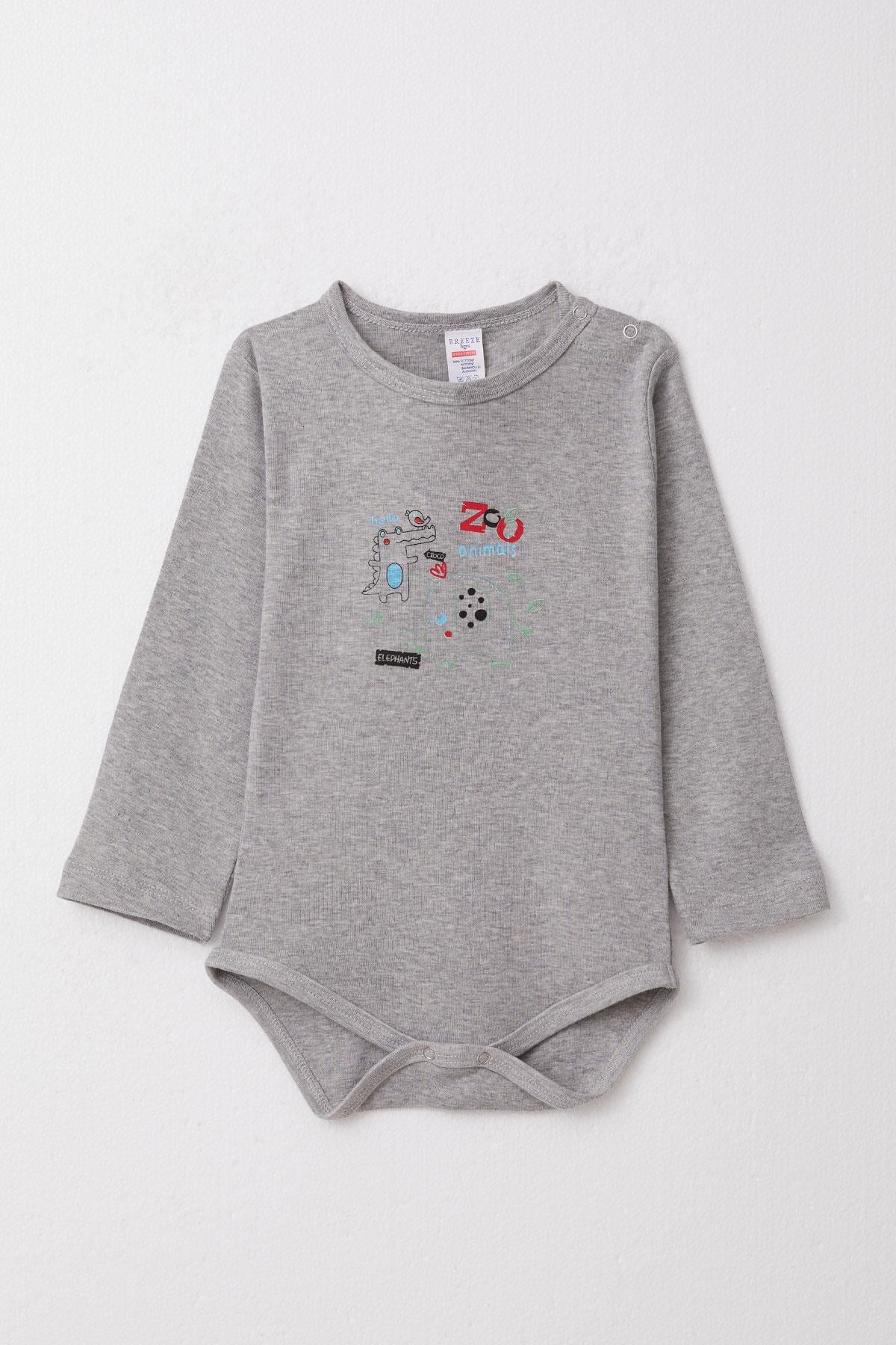 Breeze Erkek Bebek Çıtçıtlı Zıbın Body Hayvanat Bahçesi Dost Hayvanlar Baskılı Koyu Gri Melanj (9 Ay-3 Yaş)