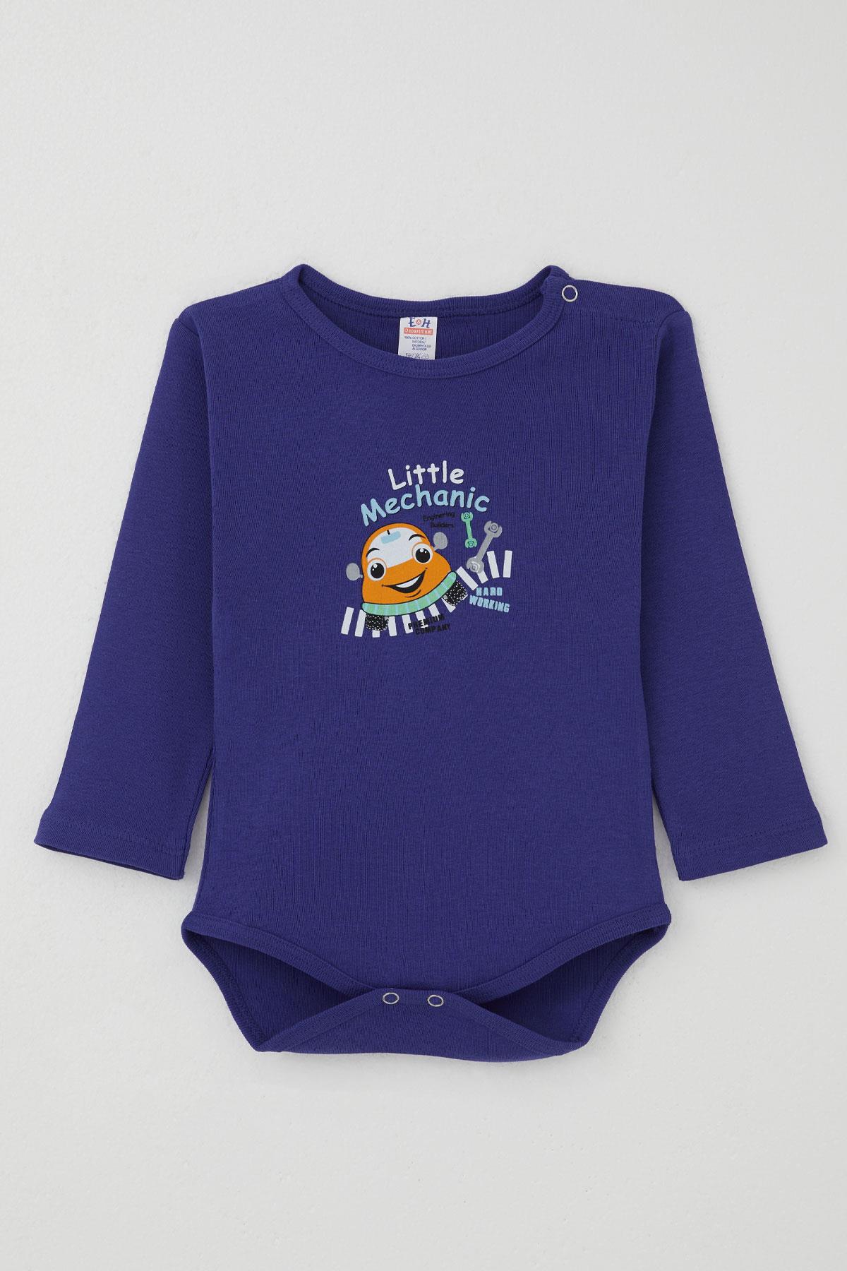 Breeze Erkek Bebek Çıtçıtlı Zıbın Body Küçük Tamirci Baskılı Saks Mavisi (9 Ay-3 Yaş)