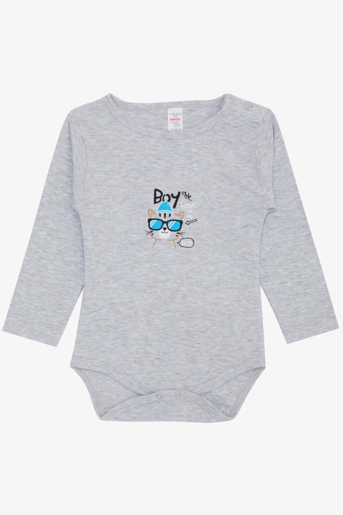 Breeze Erkek Bebek Çıtçıtlı Zıbın Body Gözlüklü Kedicik Baskılı Açık Gri Melanj (9 Ay-3 Yaş)