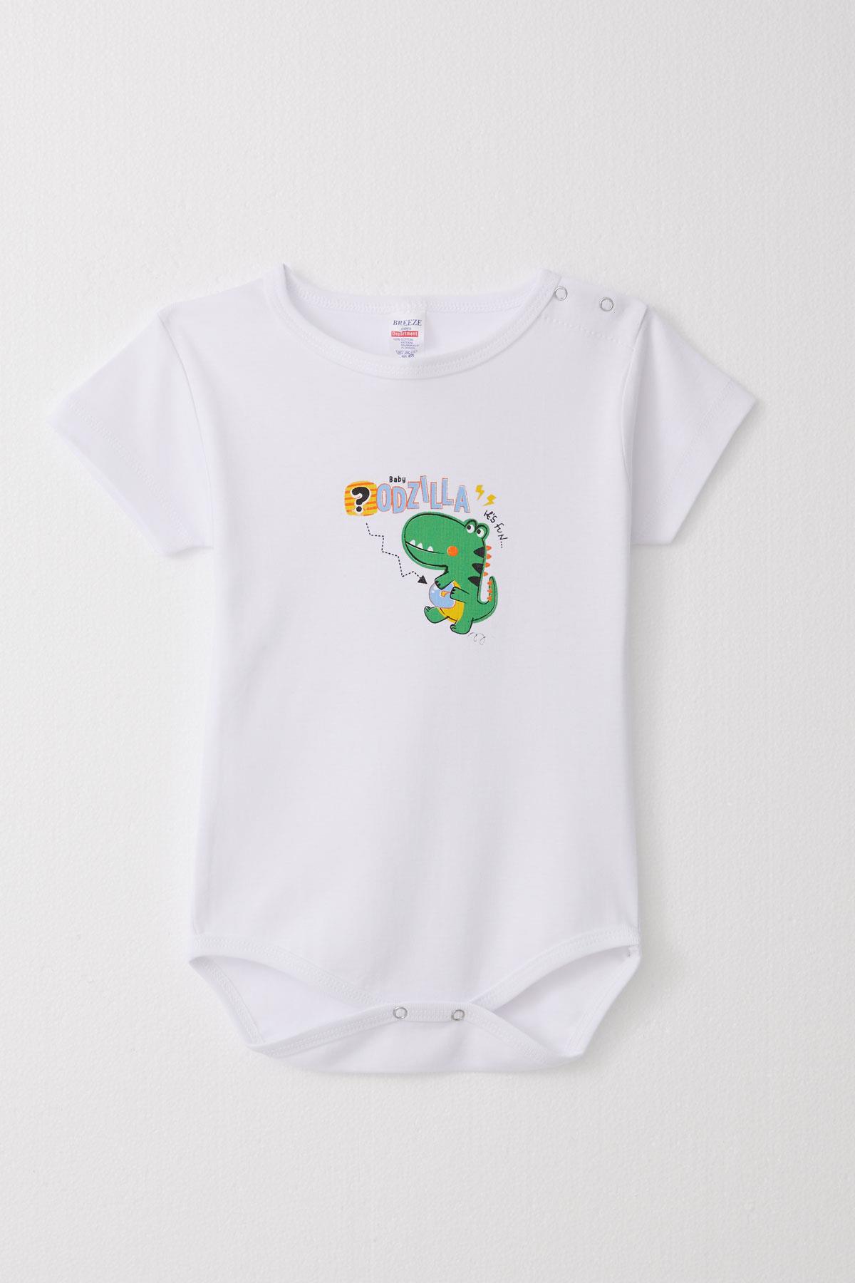 Breeze Erkek Bebek Çıtçıtlı Zıbın Body Eğlenceli Dinozor Baskılı Beyaz (9 Ay-3 Yaş)