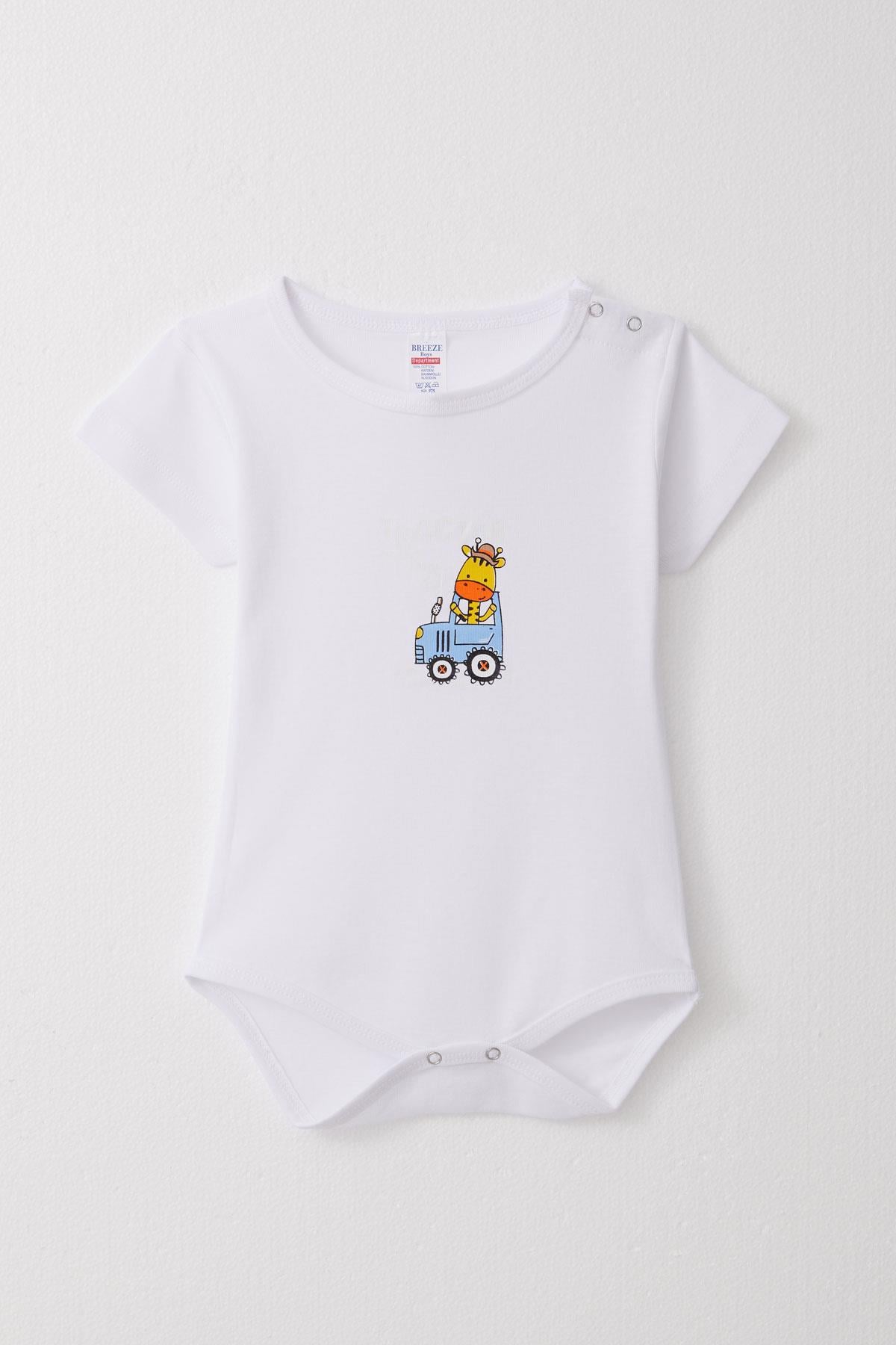 Breeze Erkek Bebek Çıtçıtlı Zıbın Body Sevimli Şöför Zürafa Baskılı Beyaz (9 Ay-3 Yaş)
