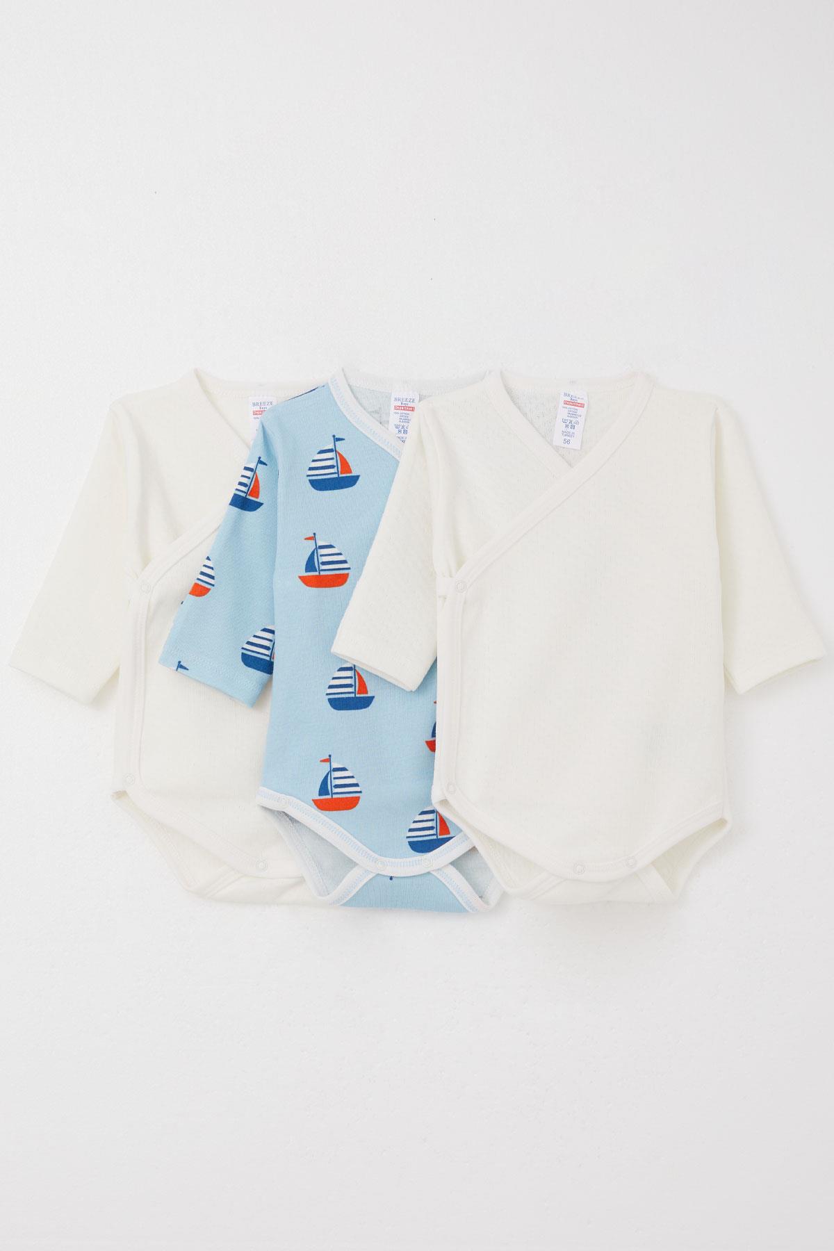 Breeze Erkek Bebek Çıtçıtlı Zıbın Body 3 lü Kendinden Eldivenli Karışık Renk (0-3 Ay)