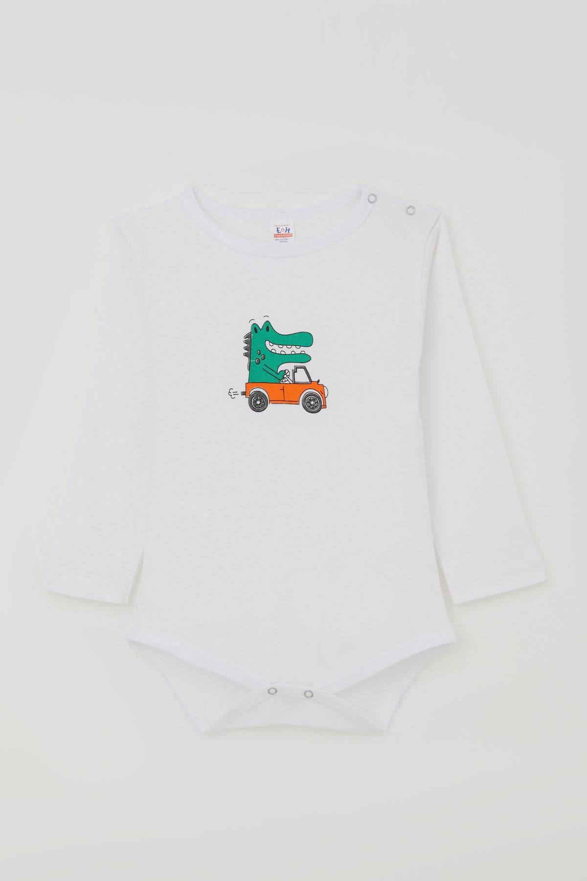 Breeze Erkek Bebek Çıtçıtlı Zıbın Body Şoför Timsahcık Baskılı Ekru (9 Ay-3 Yaş)