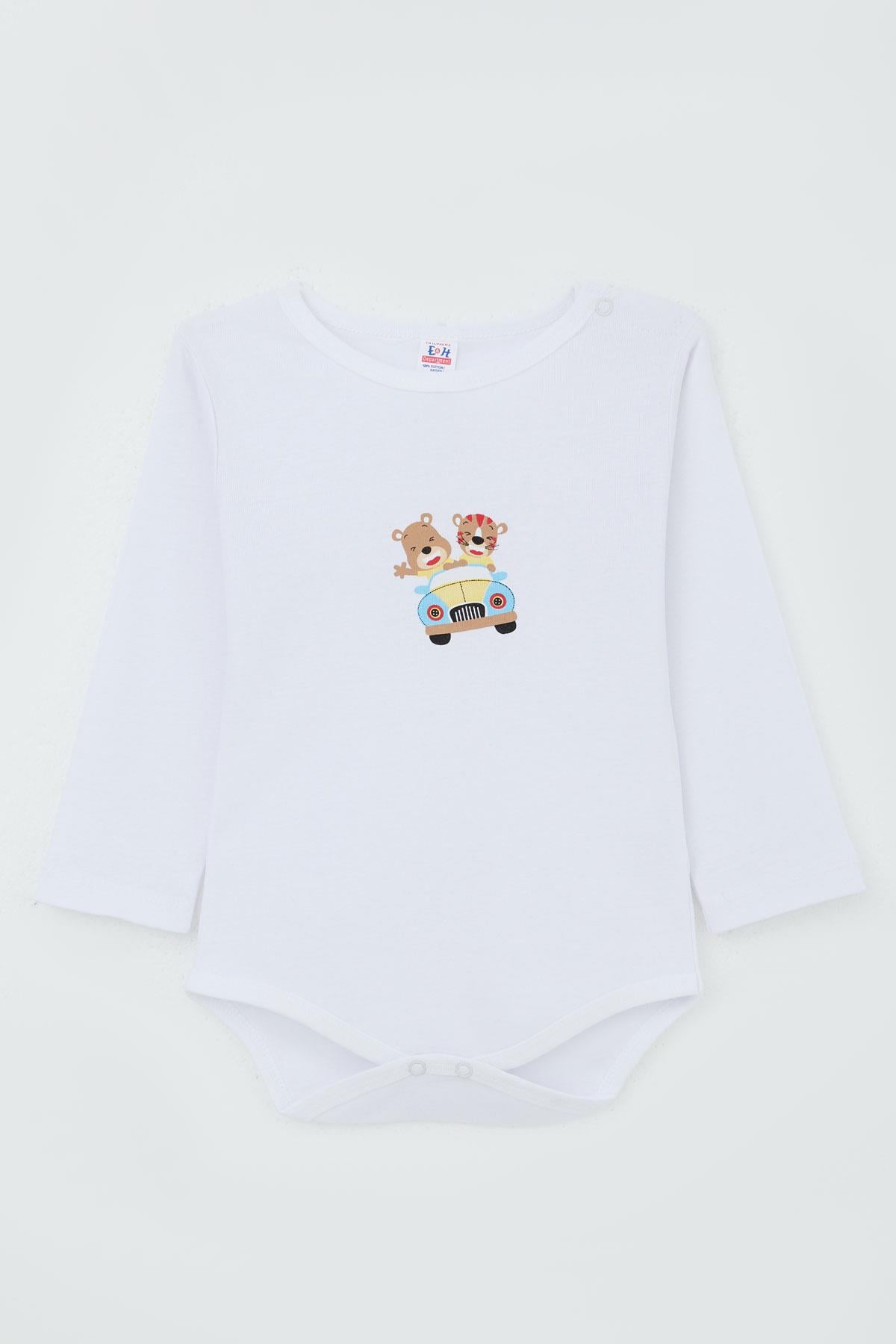 Breeze Erkek Bebek Çıtçıtlı Zıbın Body Şoför Hayvancık Baskılı Beyaz (9 Ay-3 Yaş)