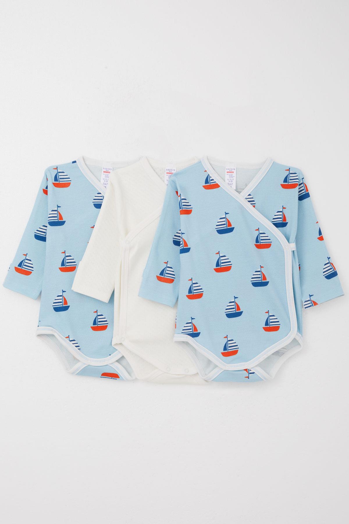 Breeze Erkek Bebek Çıtçıtlı Zıbın Body Yelken Desenli 3 lü Kendinden Eldivenli Karışık Renk (6 Ay)