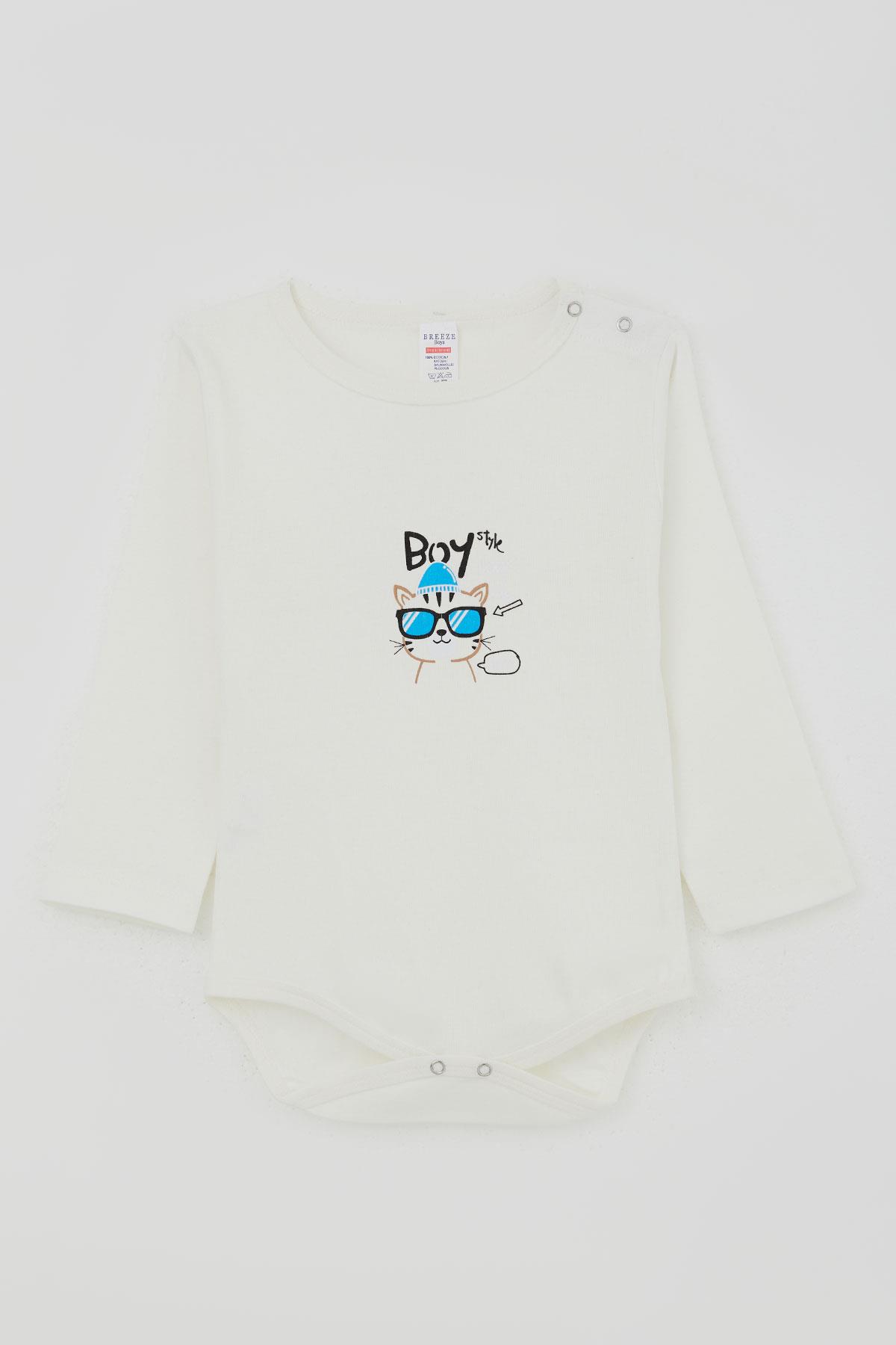 Breeze Erkek Bebek Çıtçıtlı Zıbın Body Gözlüklü Kedicik Baskılı Ekru (9 Ay-2 Yaş)