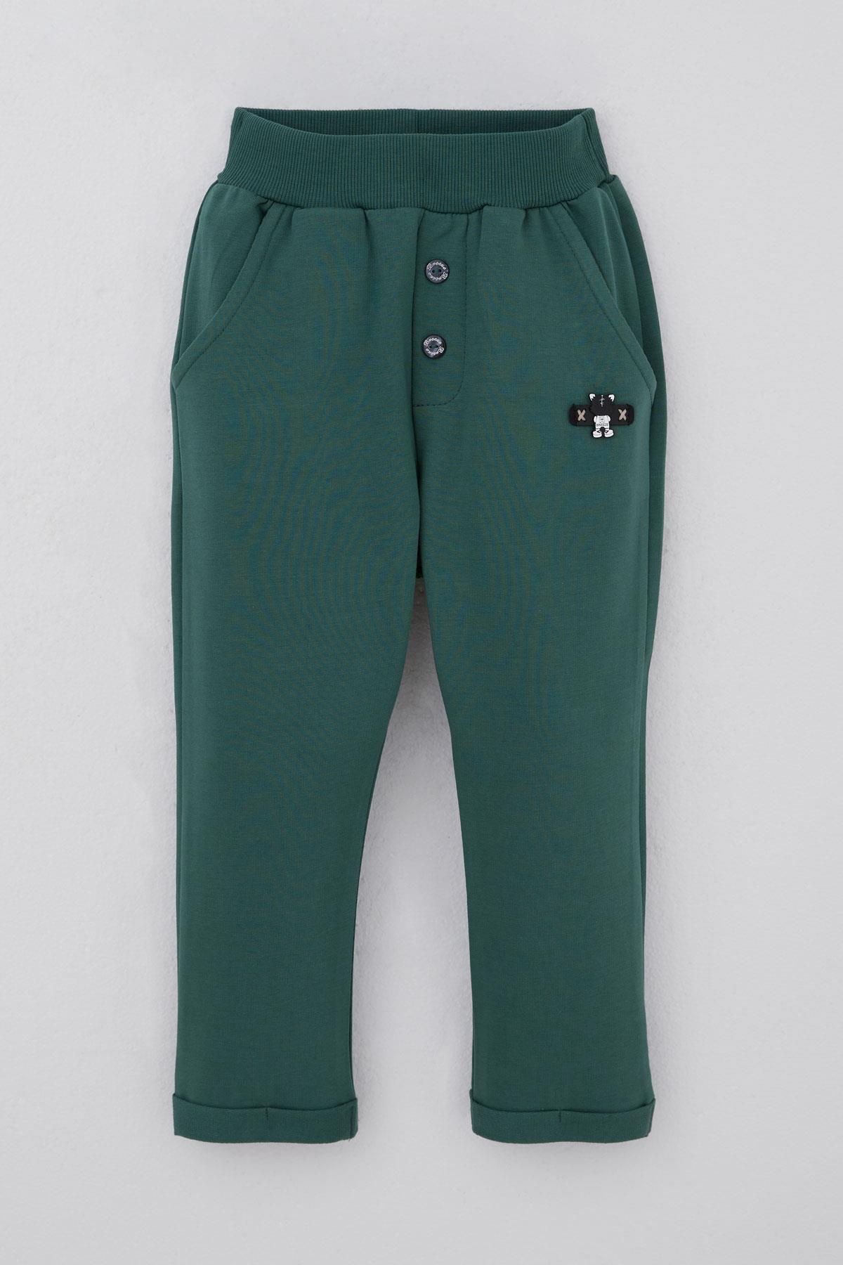 Breeze Erkek Bebek Eşofman Altı Ayıcık Armalı Düğme Aksesuarlı Zümrüt Yeşili (9 Ay-3 Yaş)