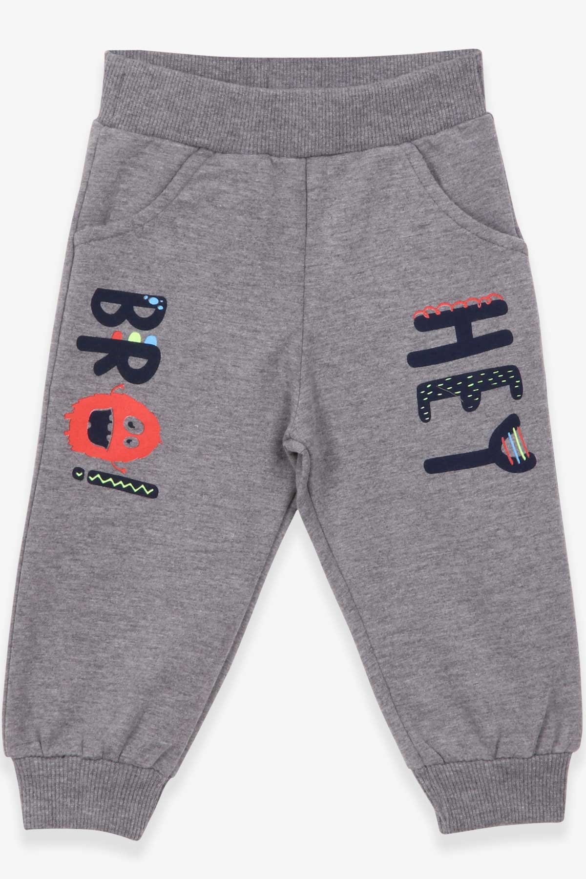 Breeze Erkek Bebek Eşofman Altı Baskılı Cepli Koyu Gri Melanj (9 Ay-3 Yaş)