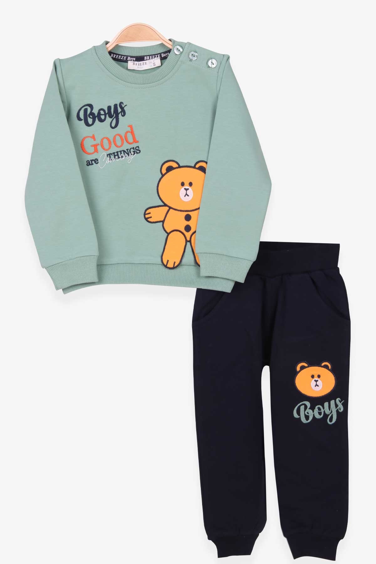Breeze Erkek Bebek Eşofman Takım Ayı Nakışlı Mint Yeşili (9 Ay-3 Yaş)