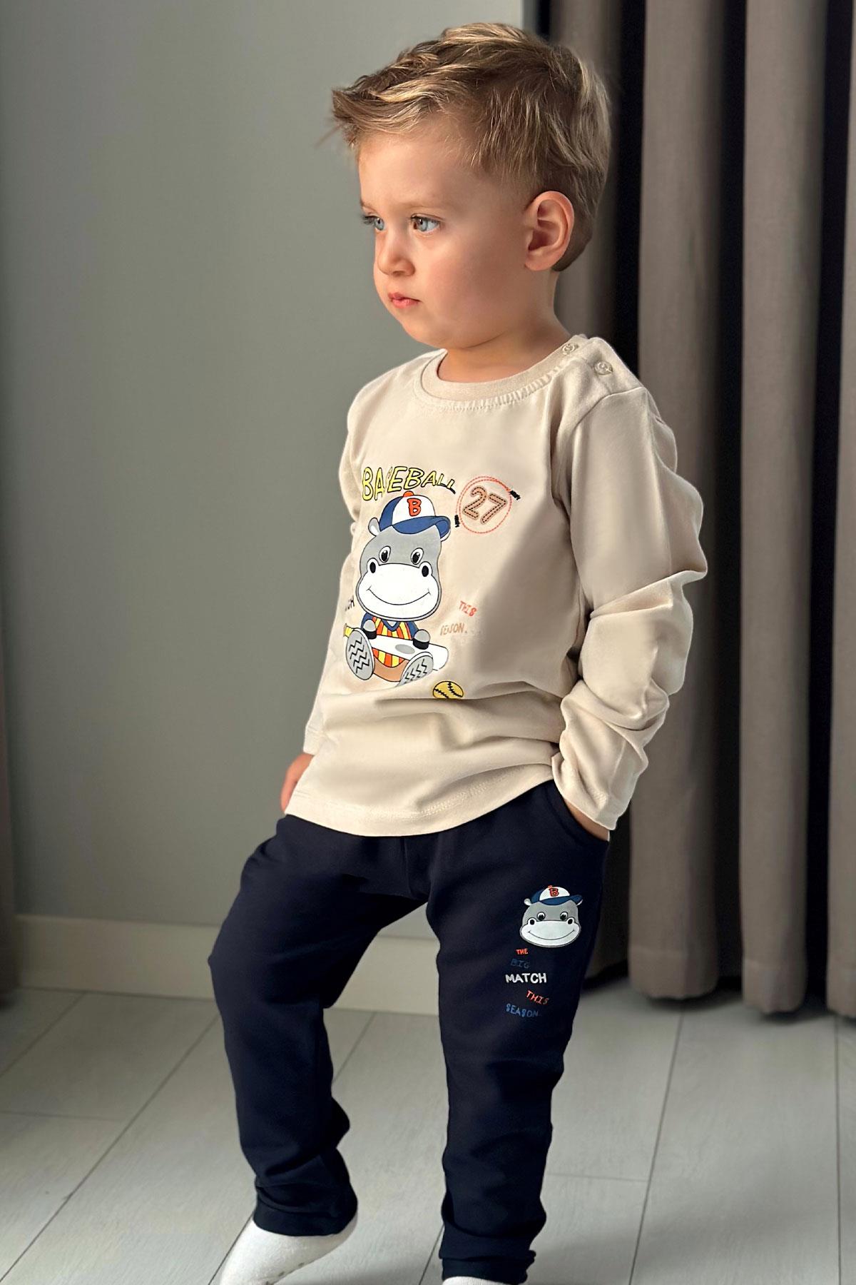 Breeze Erkek Bebek Eşofman Takım Baseball Oyuncusu Sevimli Hayvancık Baskılı Bej (9 Ay-2 Yaş)