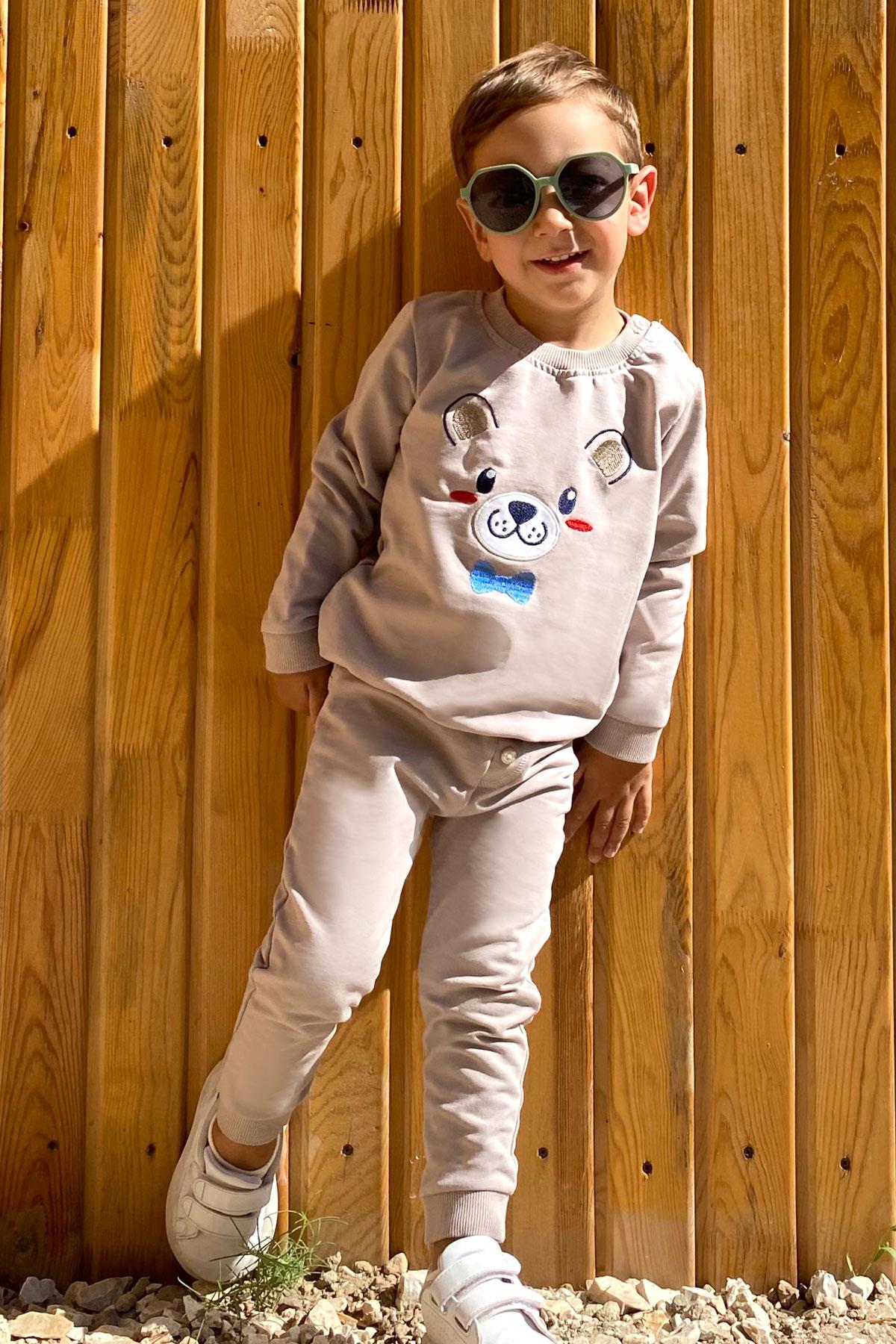 Breeze Erkek Bebek Eşofman Takım Mutlu Köpekçik Nakışlı Vizon (9 Ay-3 Yaş)