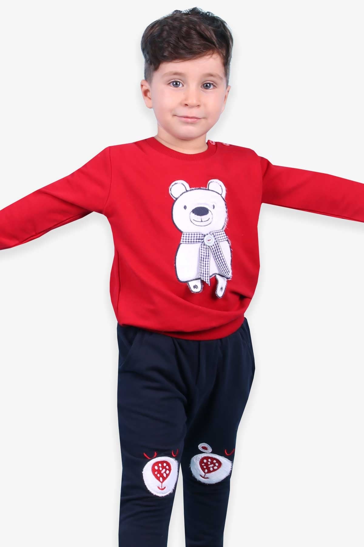 Breeze Erkek Bebek Eşofman Takımı Atkılı Ayıcık Nakışlı Kırmızı (9 Ay-2 Yaş)