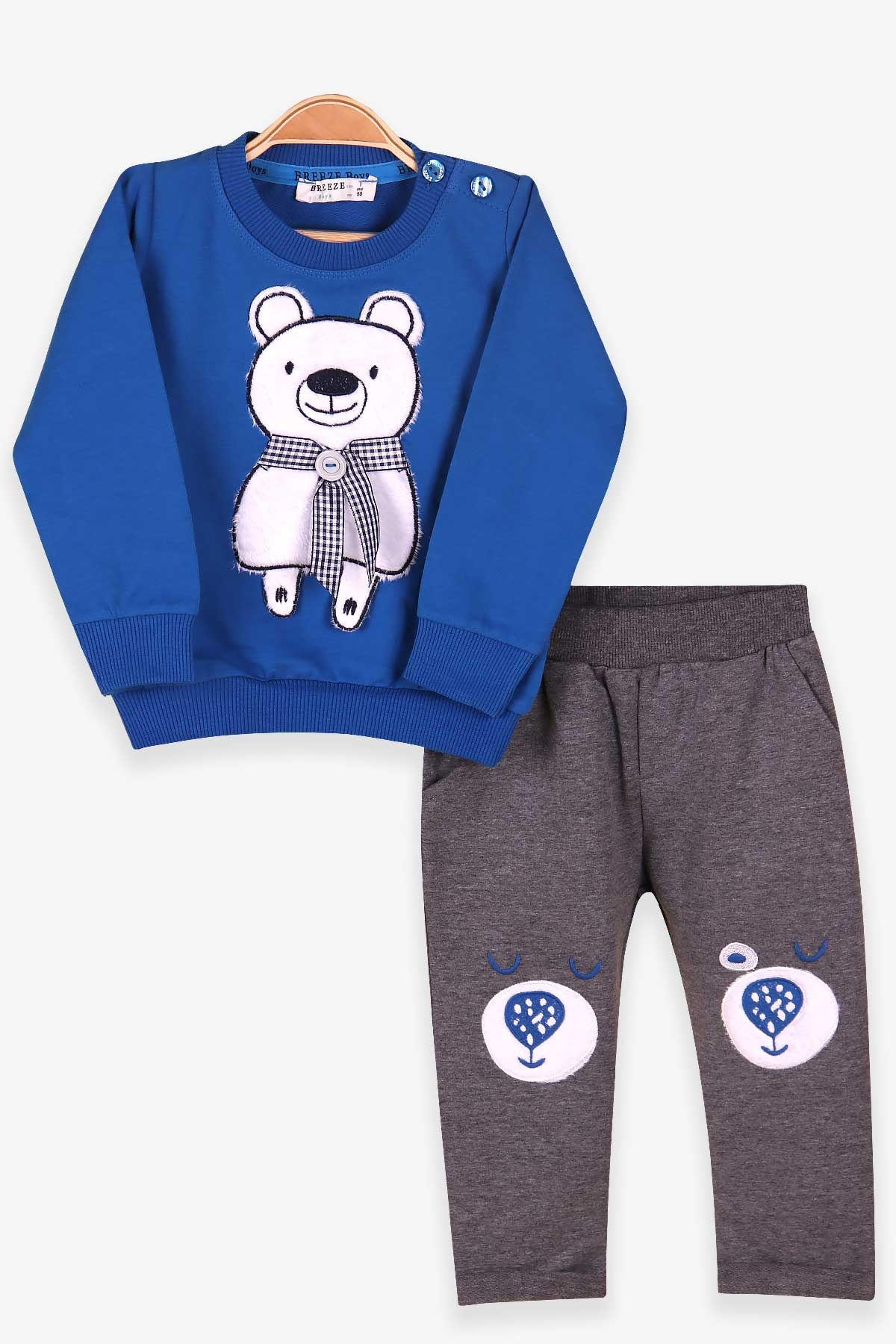 Breeze Erkek Bebek Eşofman Takımı Atkılı Ayıcık Nakışlı Koyu Mavi (9 Ay-3 Yaş)