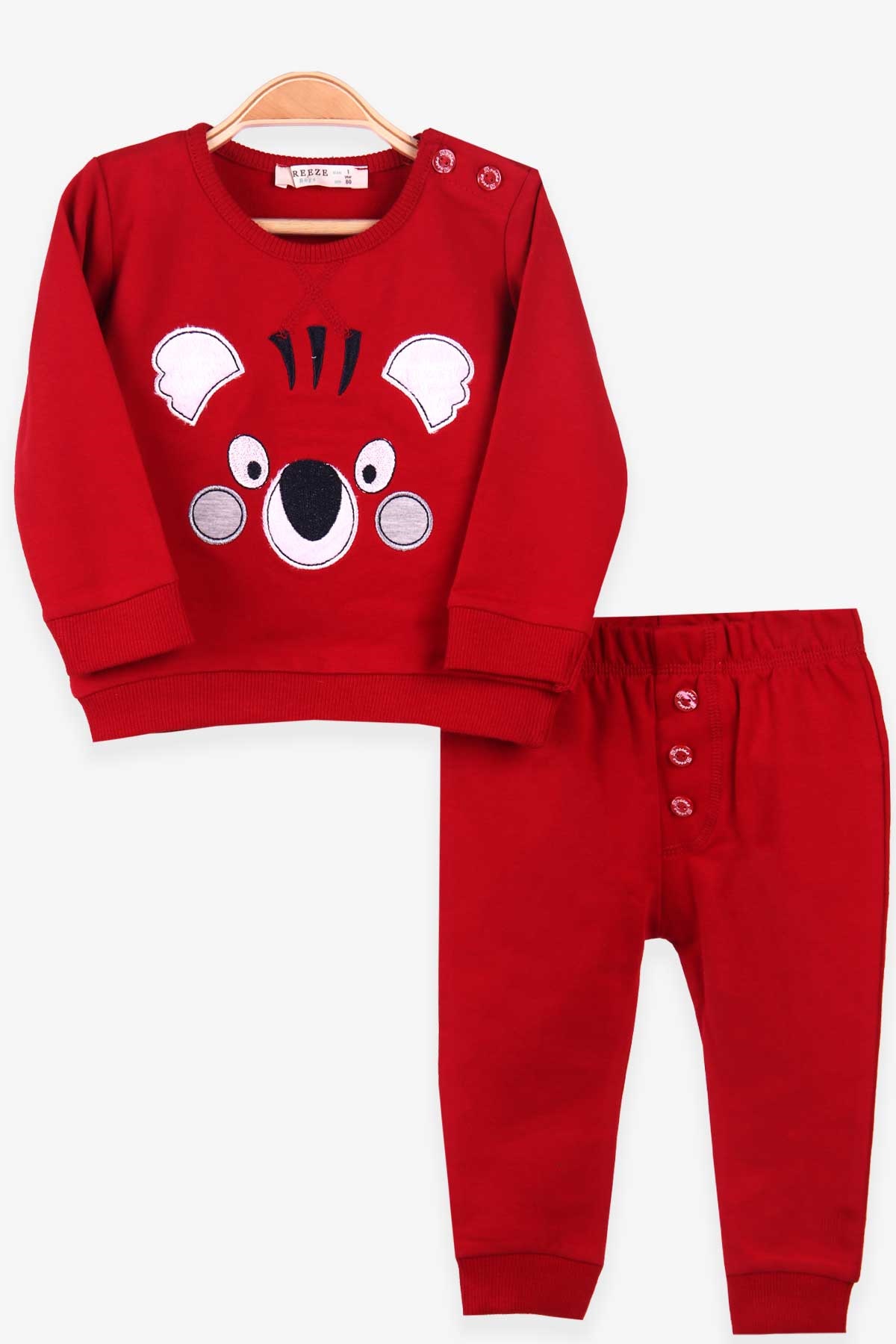 Breeze Erkek Bebek Eşofman Takımı Ayıcık Nakışlı Kırmızı (6 Ay-2 Yaş)